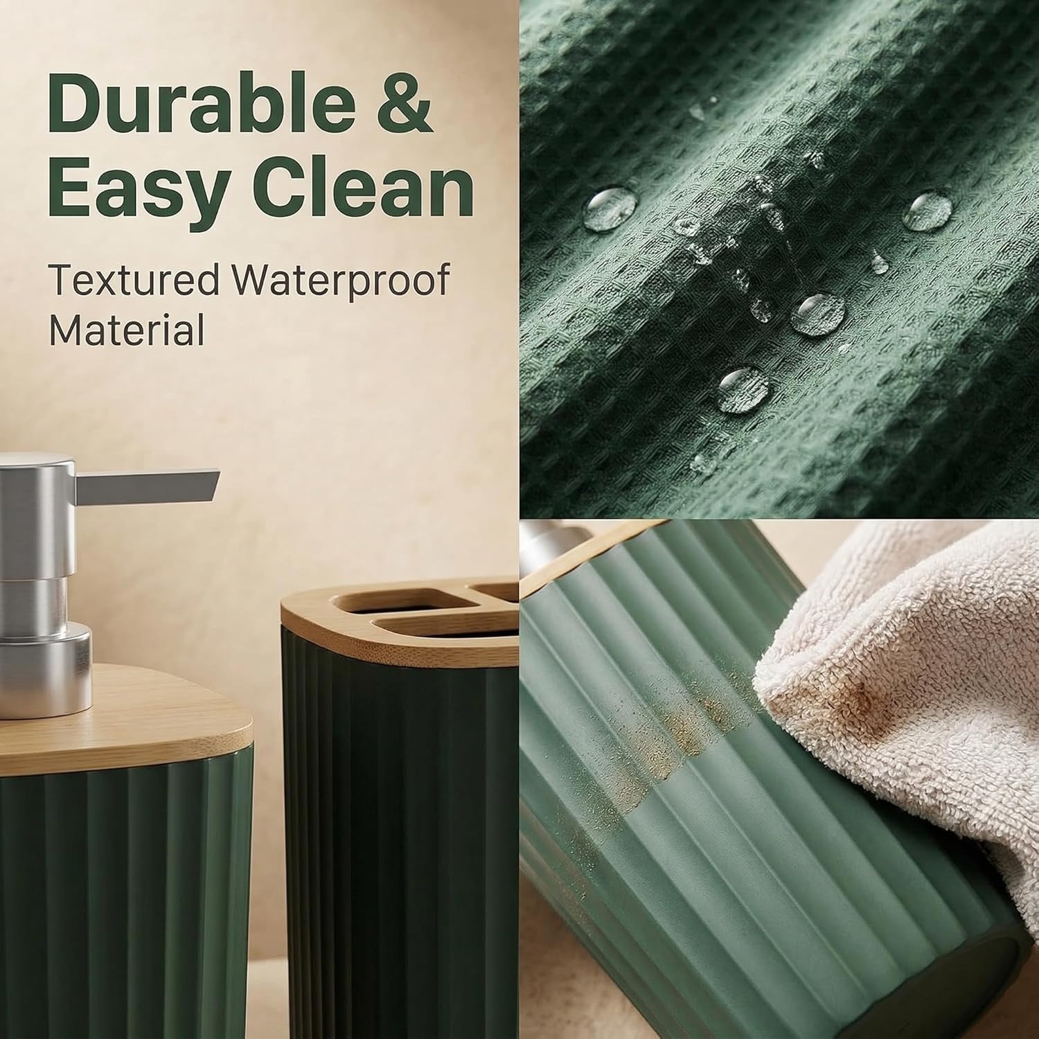 Bathroom Accessory Set 7 Pcs, Plastic Bathroom Set with Bamboo Cover Include Soap Dish, Toothbrush Holder, Mousewash Cup, Shower Curtain Set, Soap Dispenser, Trash Can & Toilet Brush