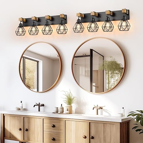 Miniatura 5 de Lámparas de tocador de baño de granja de 4 luces, lámparas de baño de madera sobre el espejo, apliques rústicos con elegante pantalla de metal para