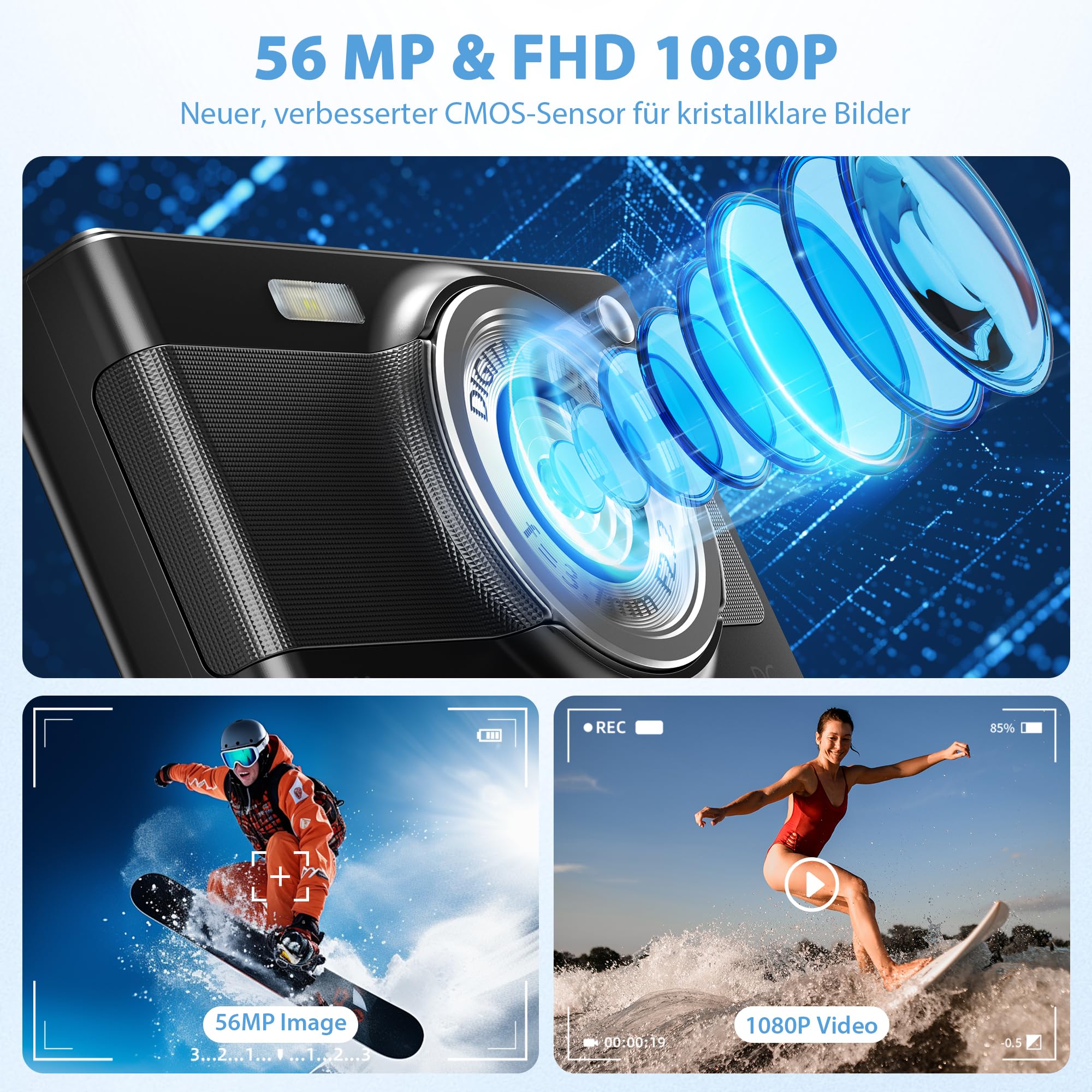 Digitalkamera 56MP 1080P Fotokamera mit 32GB SD-Karte & 2 Akkus, 16-Fach Digitalzoom mit 2,8" LCD-Display, Fotoapparat Kompakt Digitalkamera für Einsteiger, Jugendliche und Studenten, Schwarz