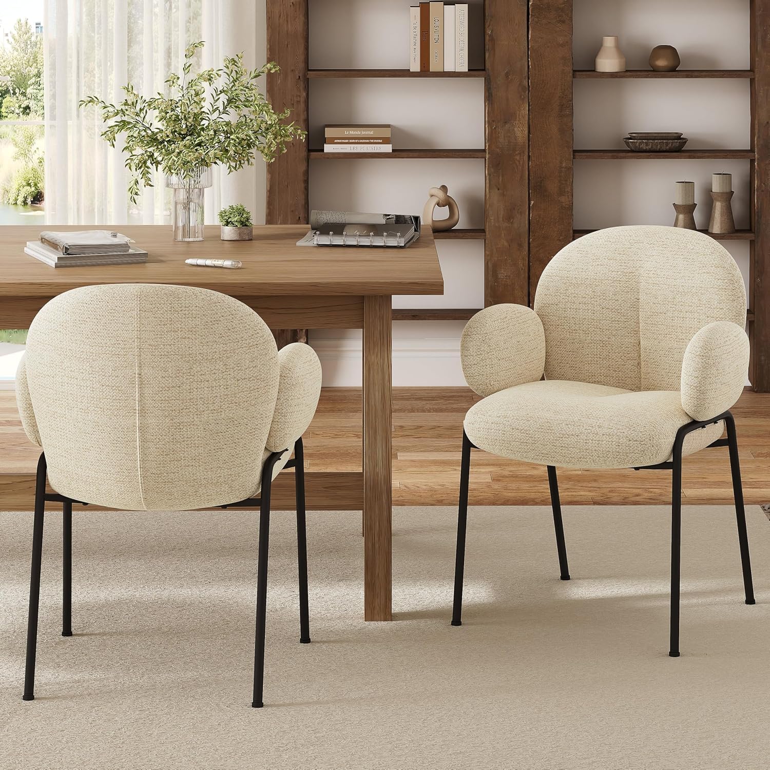 Lot de 6 chaises de Salle à Manger Beige avec accoudoirs - Chaises rembourrées Modernes avec Dossier,Pieds réglables en Hauteur,chaises de Cuisine en Lin pour Salon,Salle à Manger
