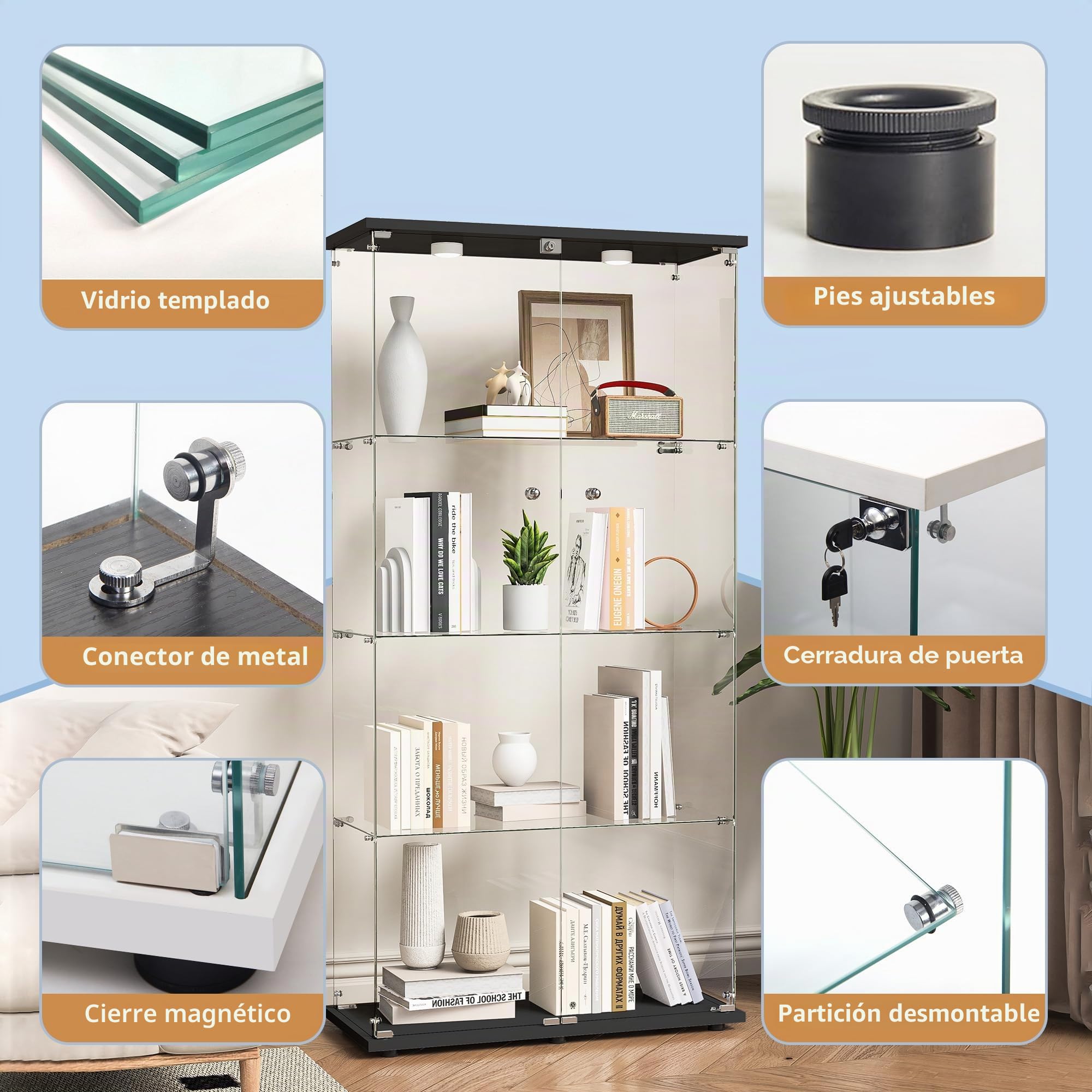 Vitrina de Cristal,164x80.5x36.5cm,Vitrina Expositora para Colecciones con 4 Estantes 2 Puerta con Cerradura,Gabinetes de Vidrio para Salón Dormitorio,Pasillo,Vitrina Cristal,Negro