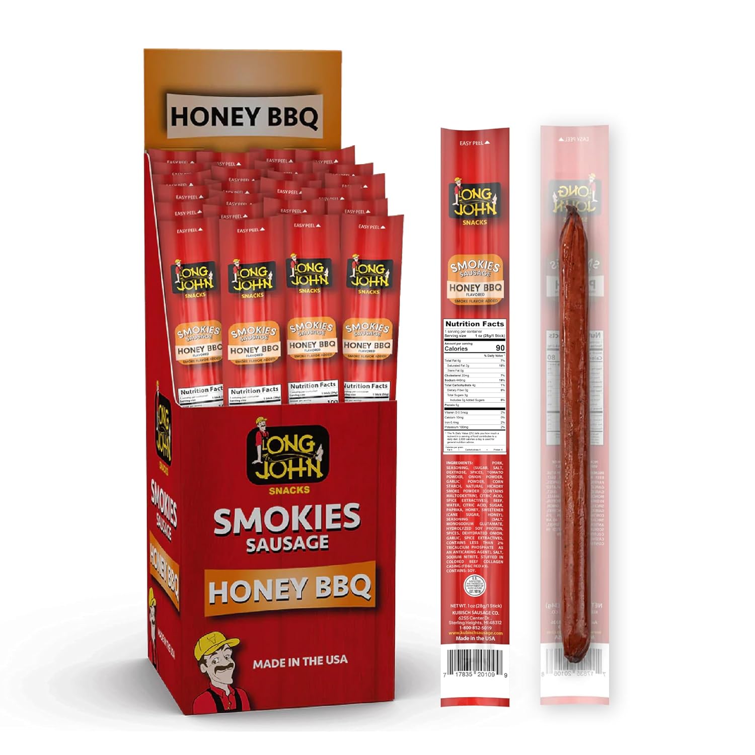 Long John Snacks Smokies Smoked Sausage Links - Premium USA-Sourced Pork & Beef Jerky Sticks - High-Protein Meat Sticks Individually Wrapped - Gluten-Free, Keto, Low Carb Snacks - Honey BBQ, 24 Pack