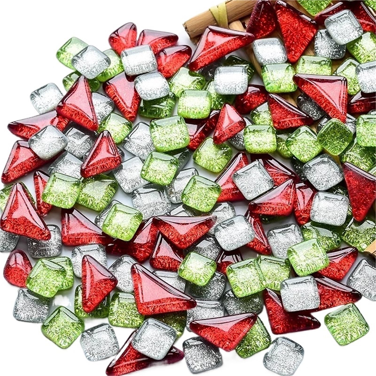 Vaeltor Red Green Silvery 200G Glitter Glass Mosaic Tiles Assorted Mixed Color Crystal For Diy Crafts Art