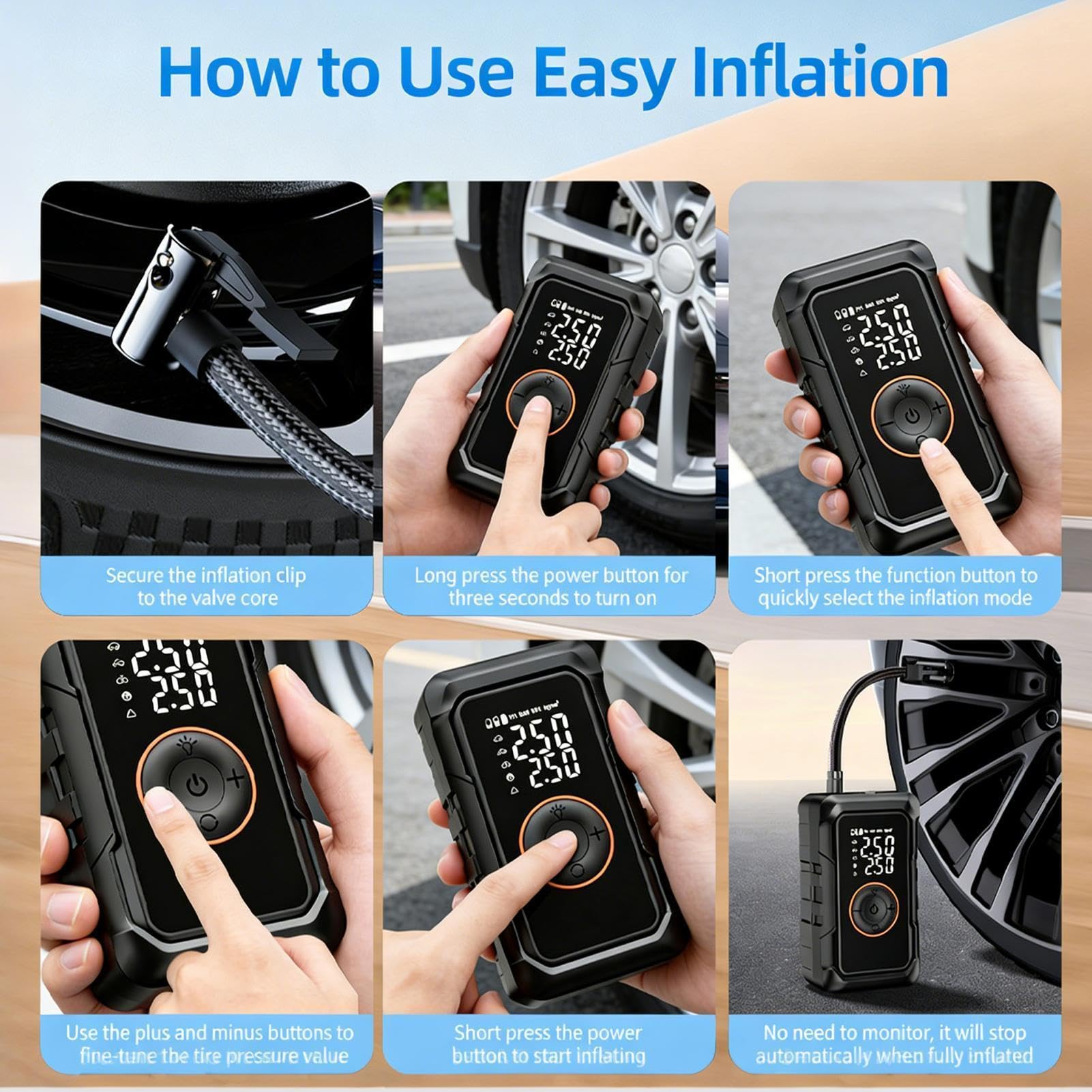 Inflador de neumáticos portátil para coche, luz LED, apagado automático eléctrico inteligente | Bomba de bola infladora portátil para motocicleta, SUV, camión, RV, remolque, cuatrimoto, scooter, pelota