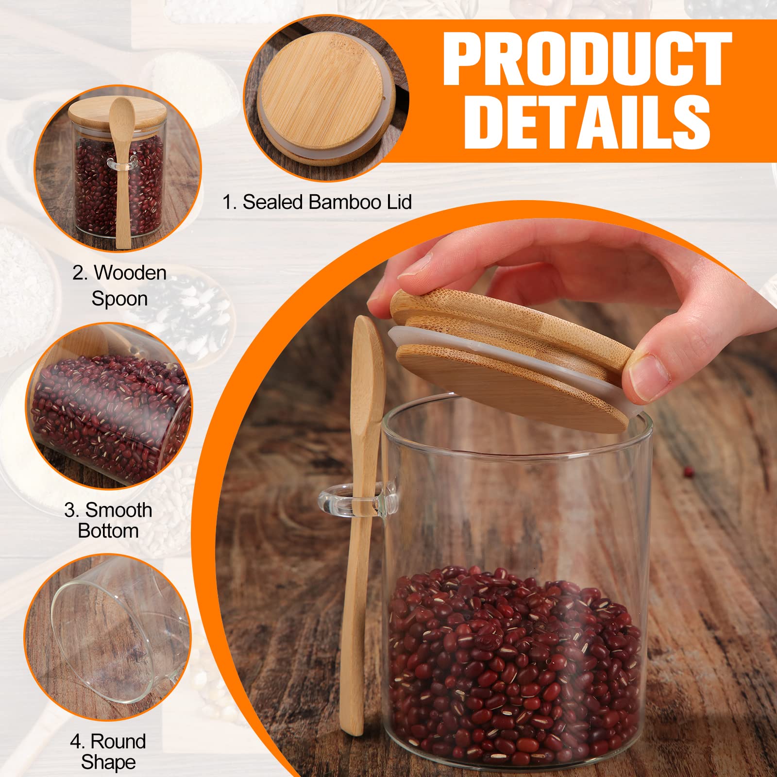 Irenare Set of 18 Airtight Glass Jars 20 oz Glass Containers with Bamboo Lids and Spoons Clear Food Storage Candy Jar Borosilicate Glass Kitchen Canisters for Countertop Coffee Sugar Tea Flour Cookie