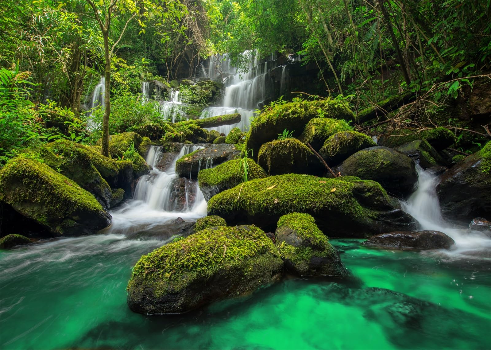 Loccor 7x5ft Fabric Jungle Waterfall Backdrop Rocks Moss Tropical Rainforest Waterfall Natural Scenery Photography Background Outdoor Portrait Party