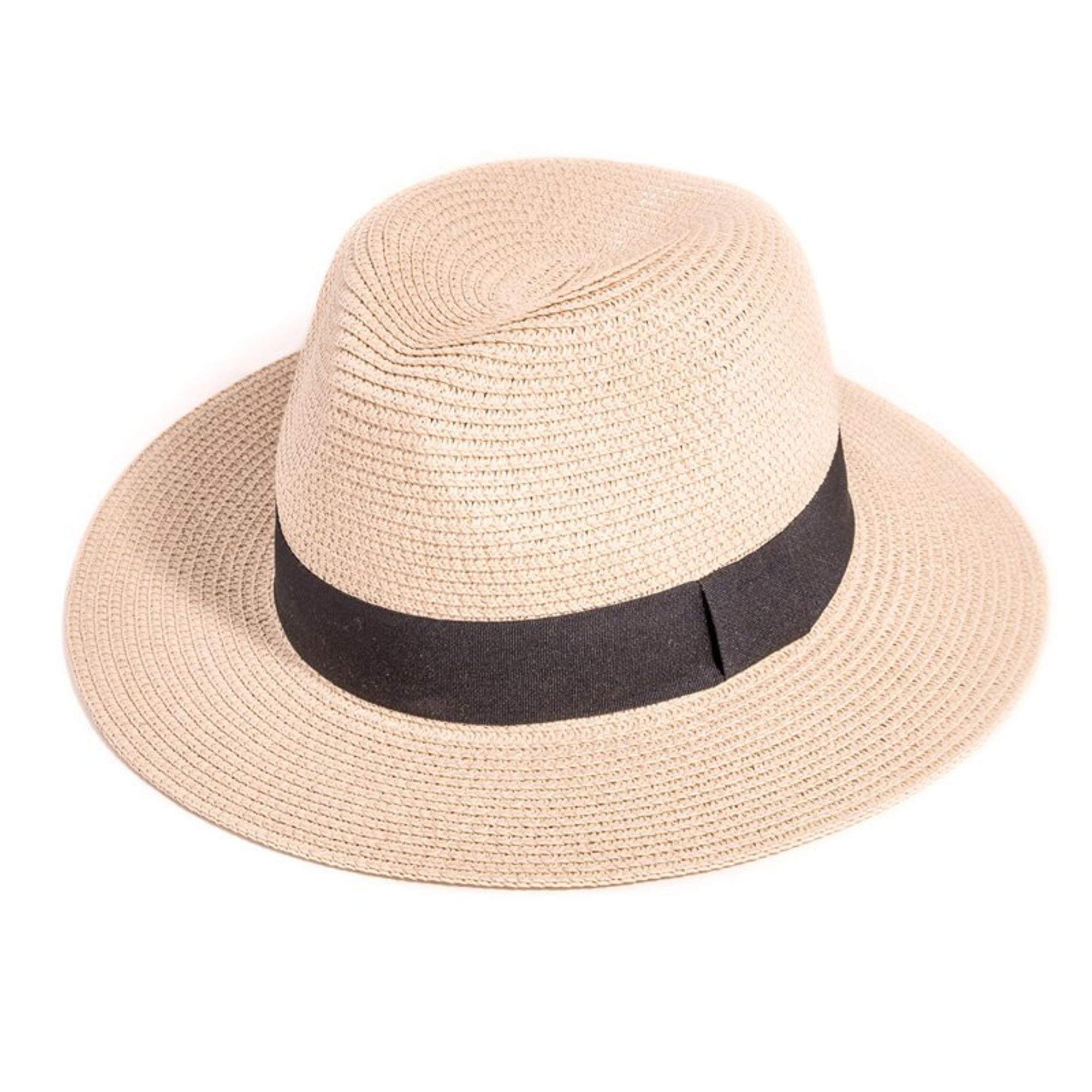 Viz-Uk Wear Unisex Natural Straw Crushable Panama Fedora Trilby With Wide Brim Packable Summer Sun Hat (Natural)