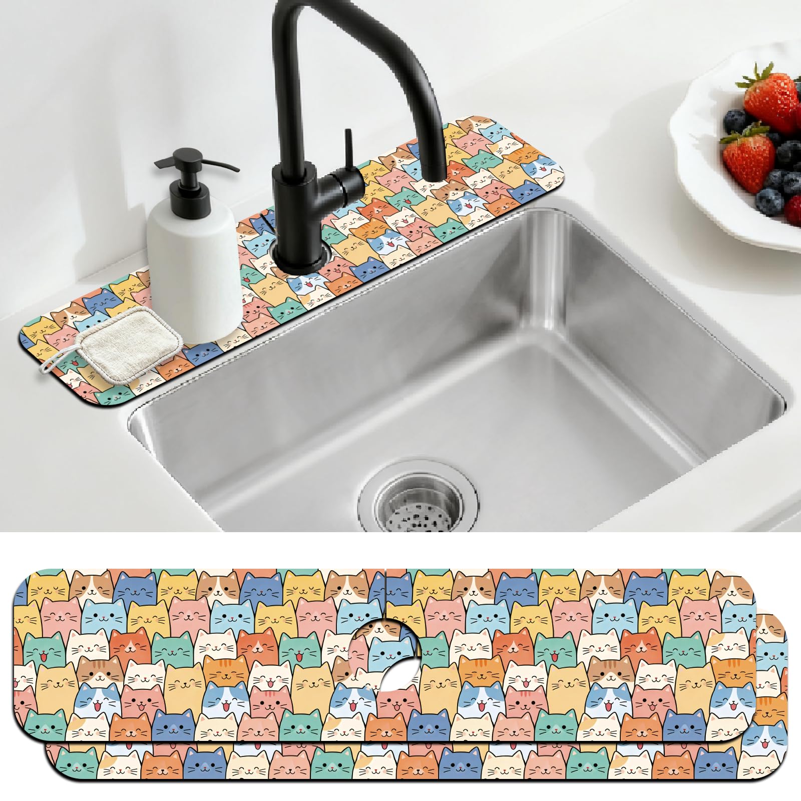 CONCHLERY 2Pcs Stacked Cats Pattern Kitchen Sink Splash Guard Faucet Mat Funny Cats Faucet Mat for Bathroom Kitchen 5.5x23.6In