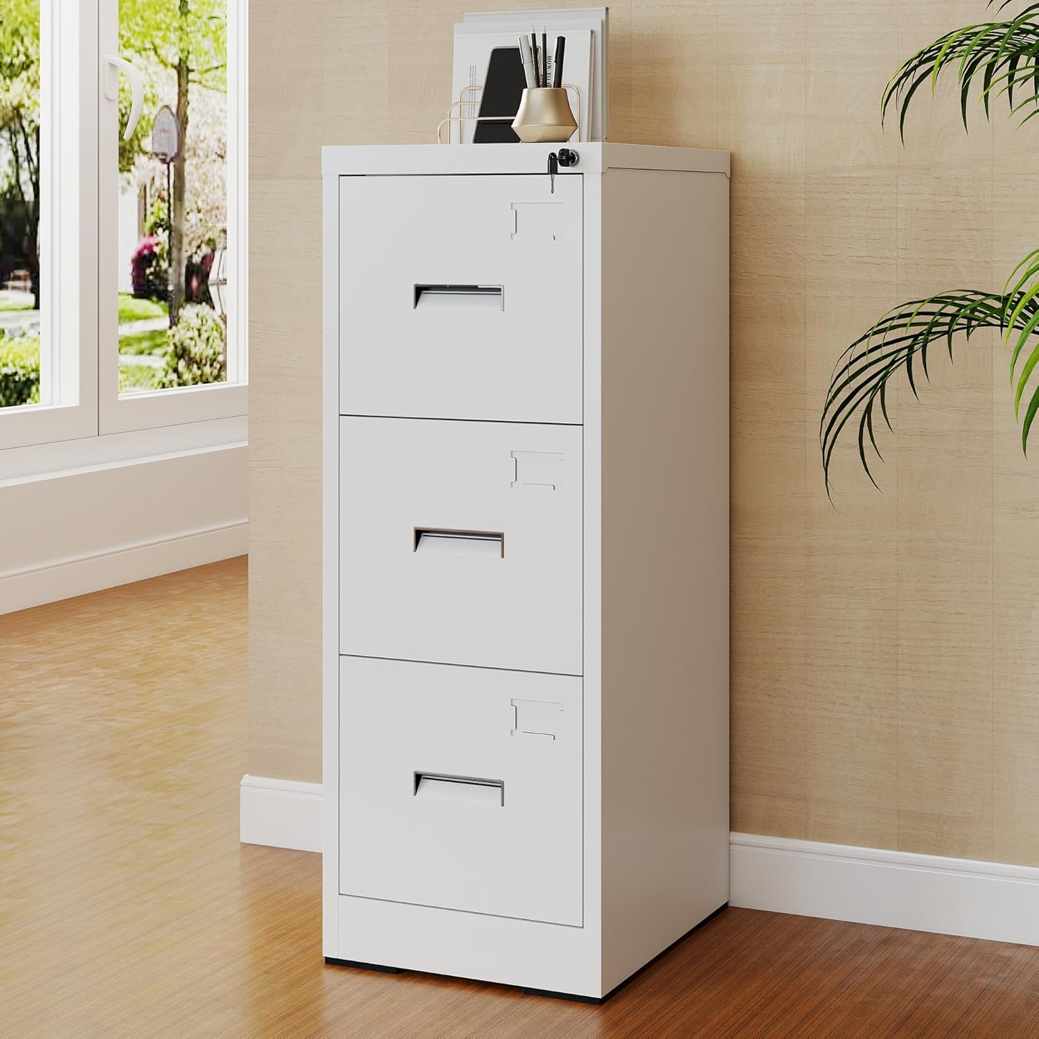 3 Drawer File Cabinet with Lock, Vertical Filing Cabinets for Home Office, Metal Locking File Cabinet Hanging Files for A4/ Legal/Letter Size, Require Assembly, White