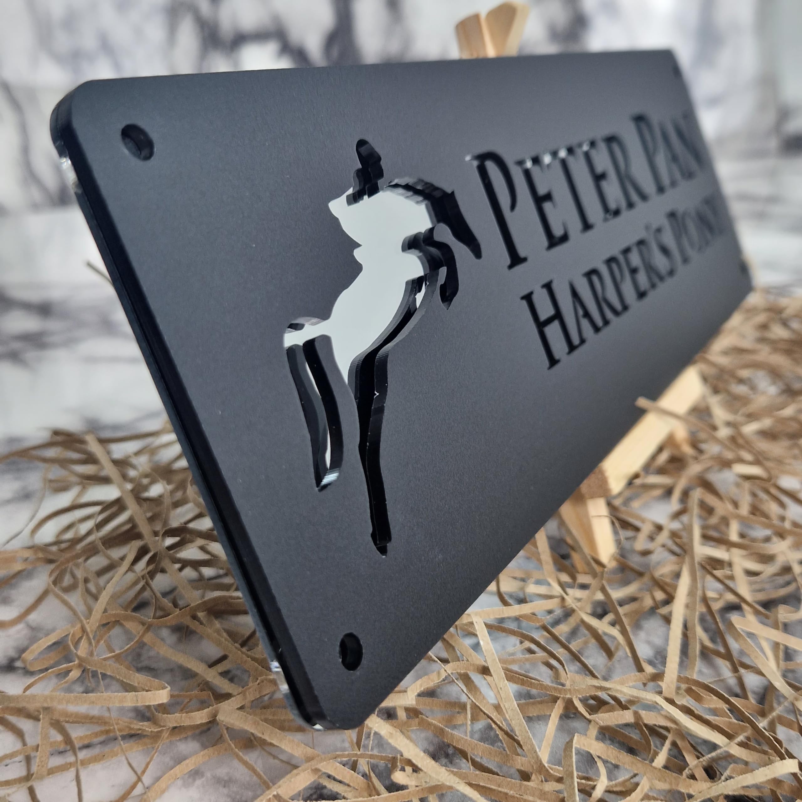 Silver Mirror and Black Personalised Horse stable Pony laser cut name door plate sign (L7-Jumping Horse)