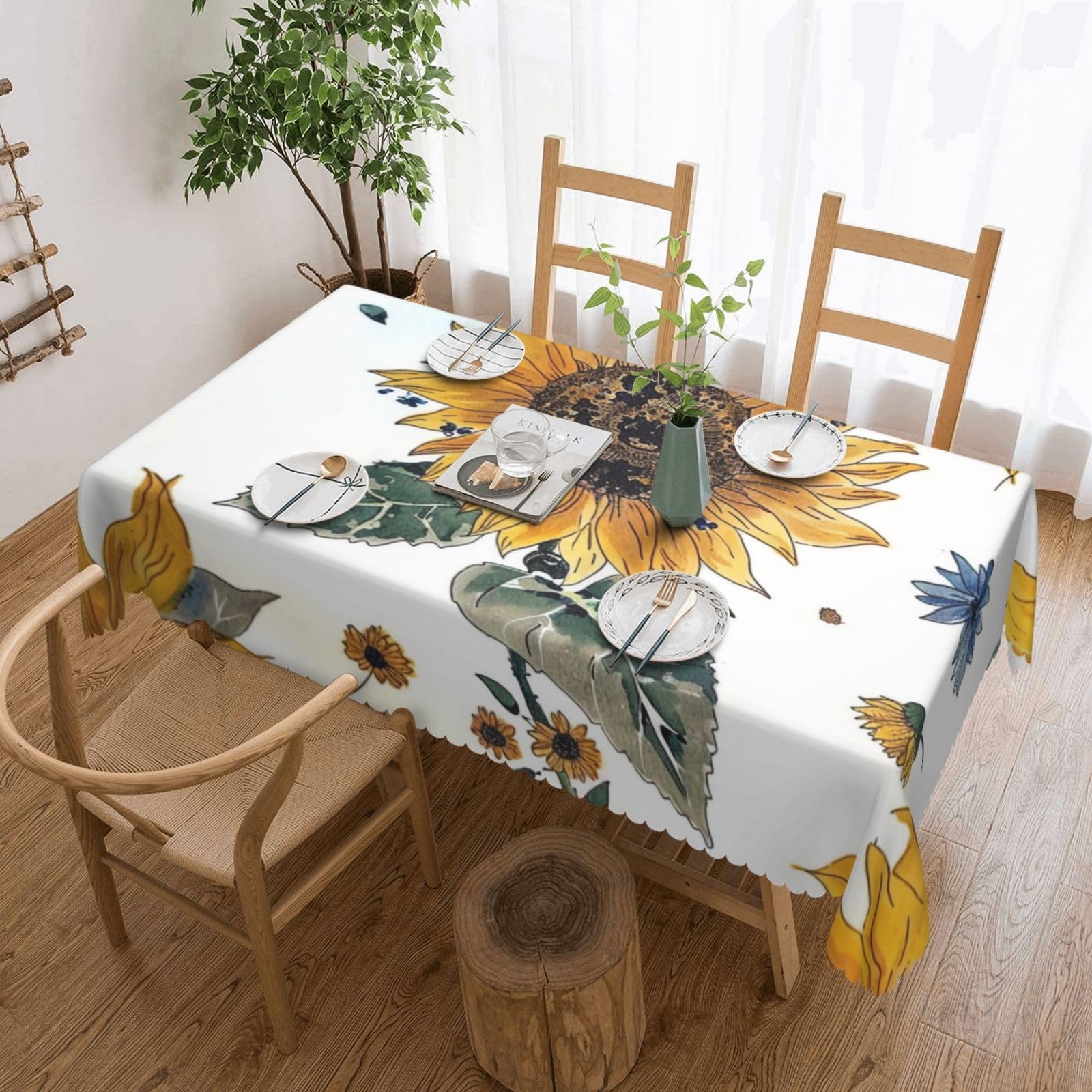 WPKJU Sunflower Printed Rectangle Tablecloth 72x54 Inch with Lace Trim, Water-Resistant Washable Table Cover for Farmhouse Weddings, Outdoor Picnics & Holiday Dining