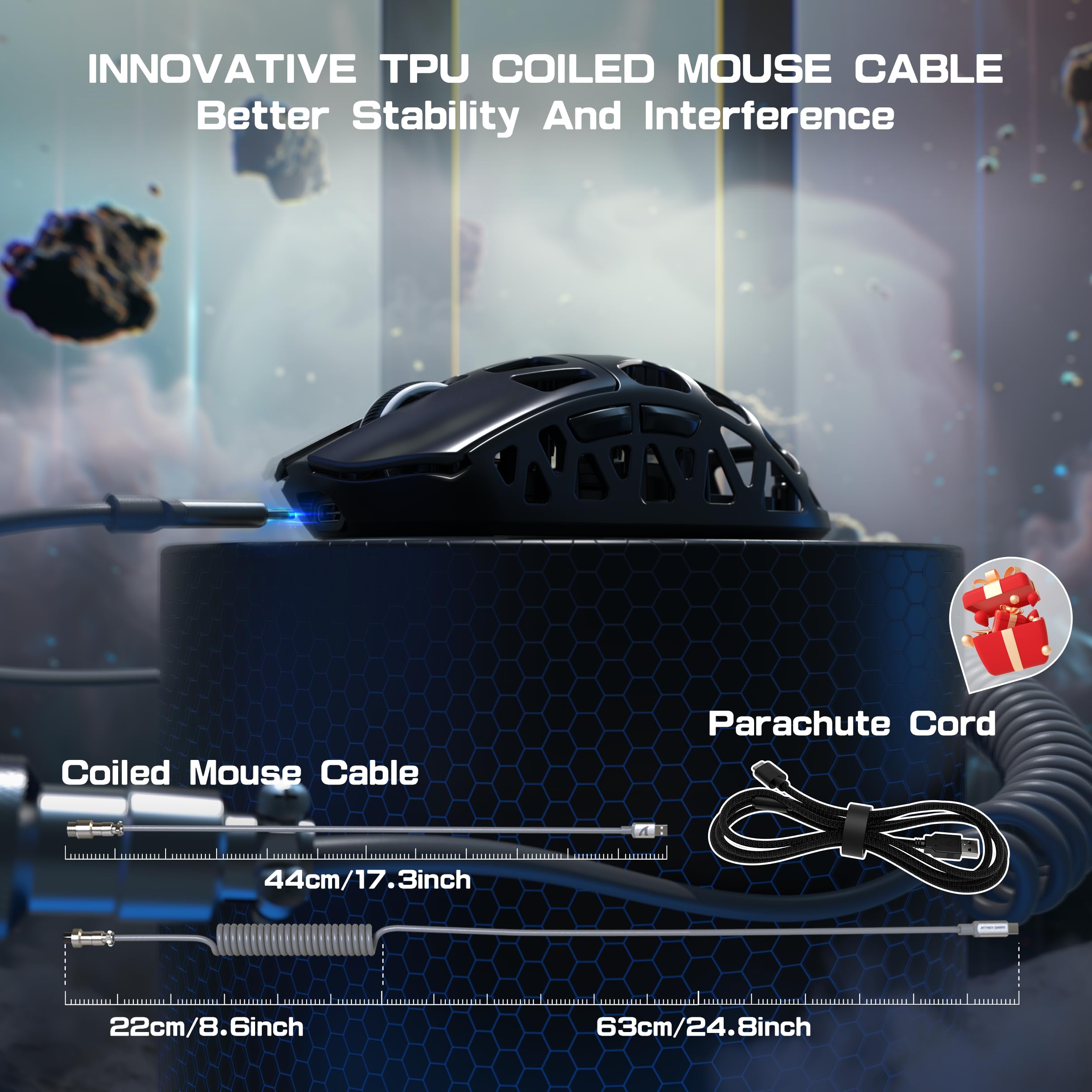 ATTACK SHARK R3PRO 46 g, bardzo lekka mysz ze stopu magnezu, 8000 Hz, 26000DPI, 2,4G/BT/przewodowa, czujnik PixArt PAW3395, G502, programowalna mysz z kablem spiralnym, PC/Mac, czarna