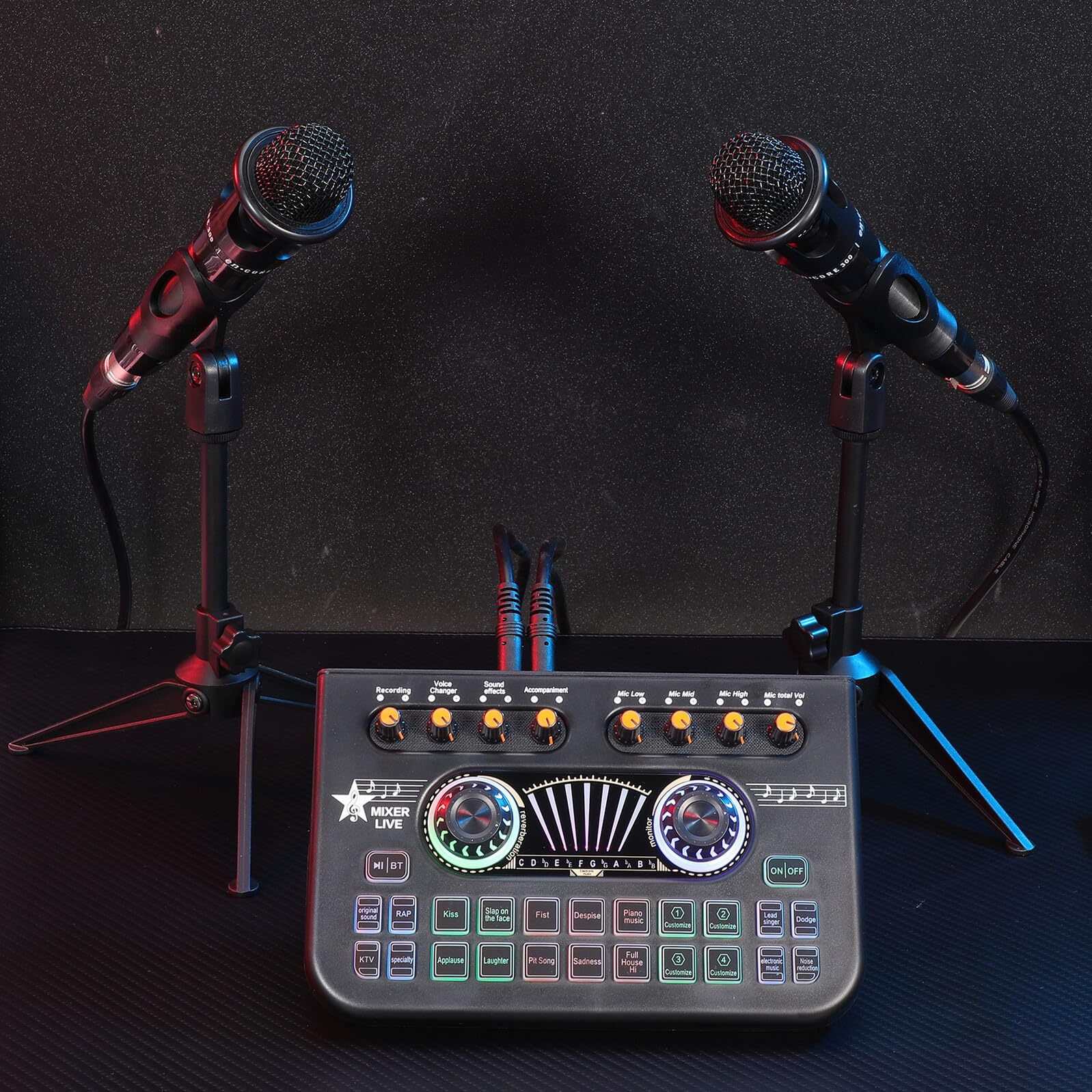 Aufnahme Soundkarte E300 Dual Mikrofon Satz für Podcast und Dj | Schwarzes Metall Kunststoff Satz, für Streaming und Live Setup, 1 Satz für Profis und Einsteiger