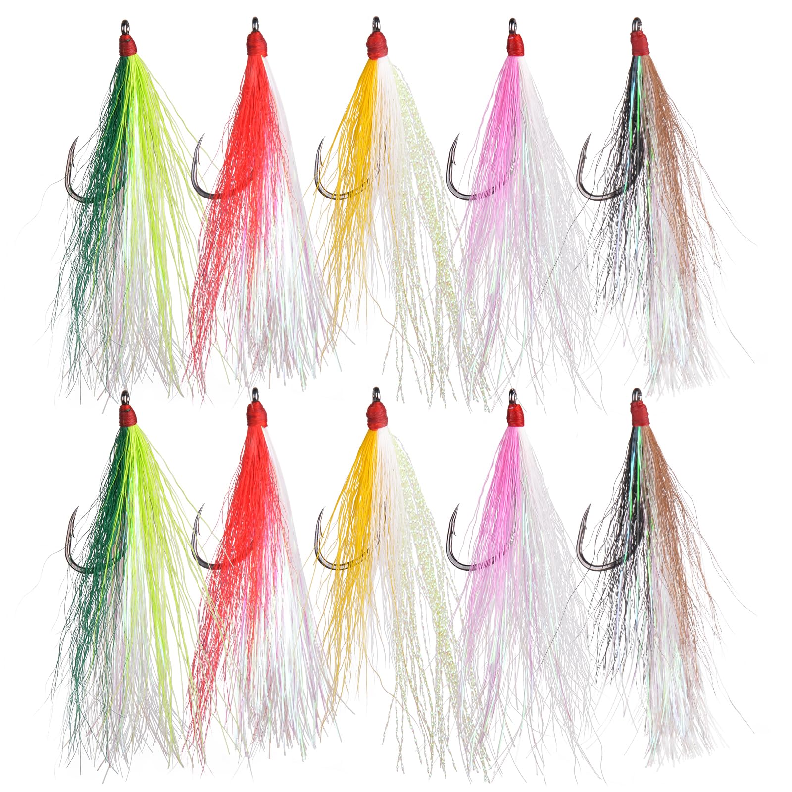Fishing Bucktail Teaser Fishing Hooks Saltwater,5/10pcs Fishing Jigs Teaser Lures with High Carbon Steel Hooks with Crystal Flash Flounder Rigs for Bass Trout Salmon Steelhead