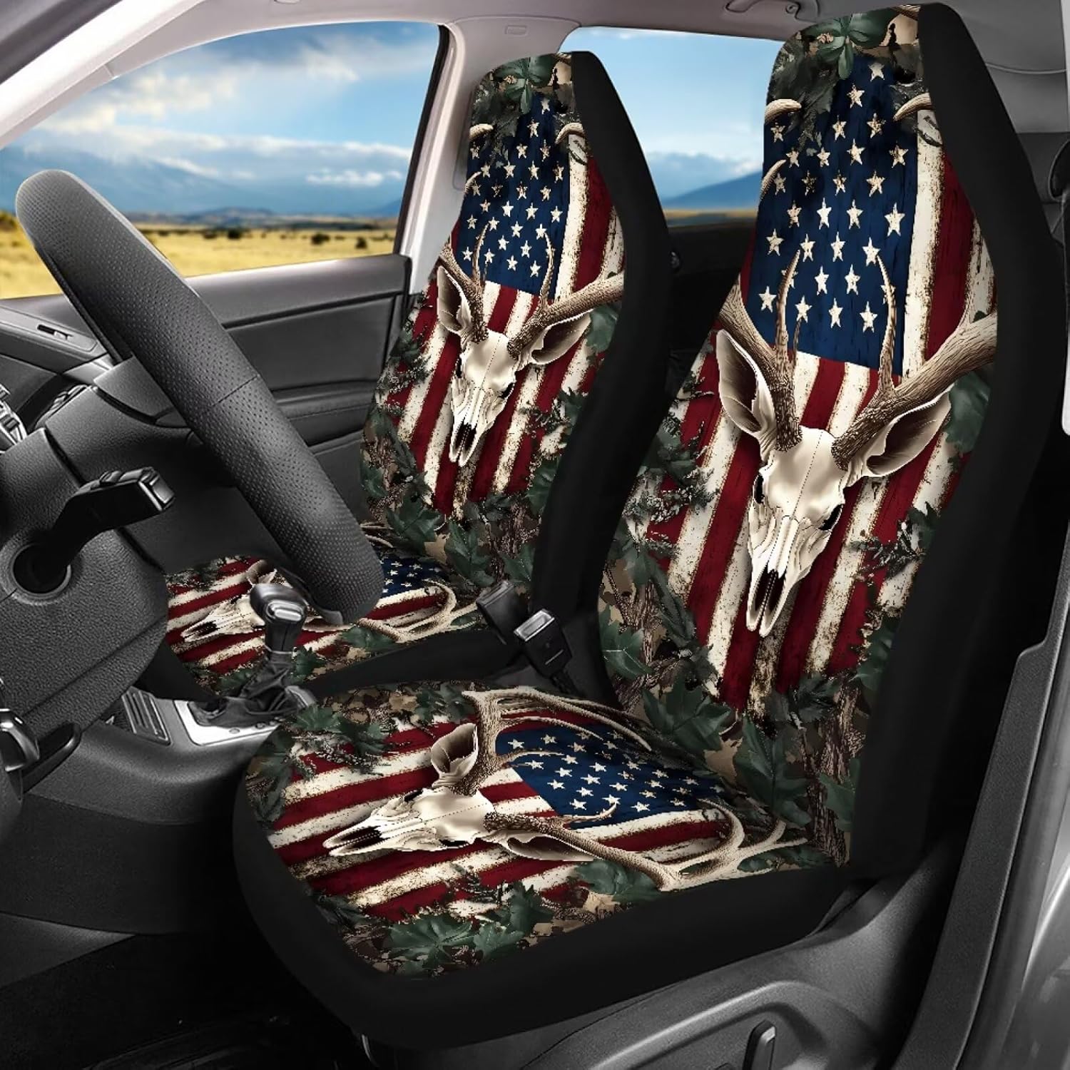Pensura Car Seat Cover Set for Front and Rear Women Men Comfort Soft Front/Rear Seat Covers - Camo American Flag Deer Hunter Car Interior Decoration Accessories Set Blanket
