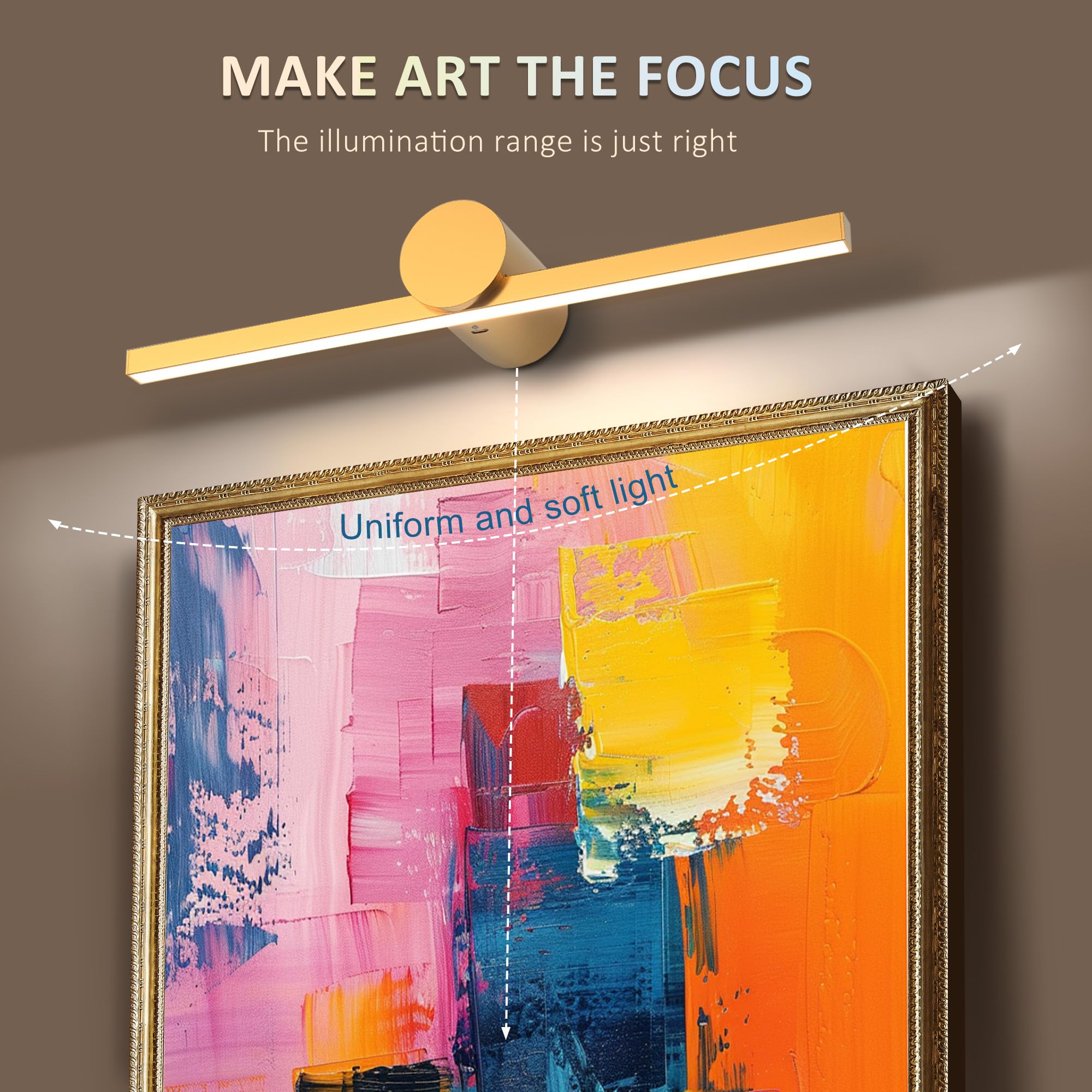 ZitoStory Battery Operated Picture Light with Remote,Wireless Dimmable Art Lights for Paintings Rechargeable Gallery Light Artwork Lighting for Canvas, Portrait (Gold,20'' Inch)