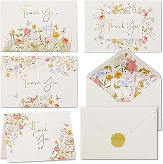 100 Floral Thank You Cards With Envelopes & Stickers - Pretty Wildflower...