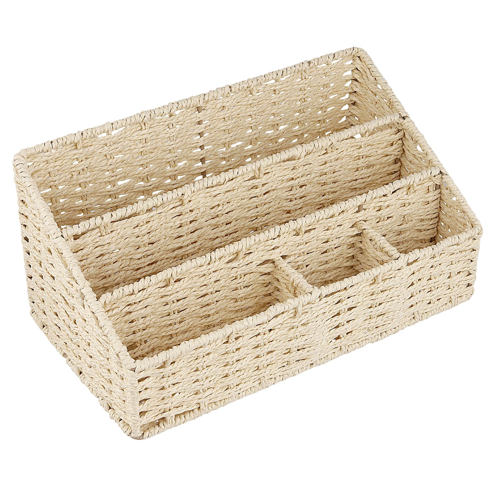 Organizer da Scrivania in Fibra Naturale, Portapenne con 4 Scomparti, Mensola a 3 Ripiani in Cordoncino di Carta e Ferro, Beige, 33 x 18 x 15,5 cm