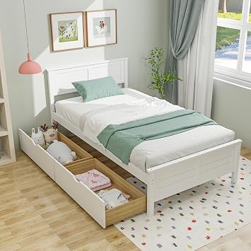 GIANTEX Wood Twin Bed with 2 Storage Drawers, Solid Wood Platform Bed with Headboard, Wooden Slats Support Mattress Foundation, No Spring Needed, Twin Bed Frame for Kids, Teens, Adults, White