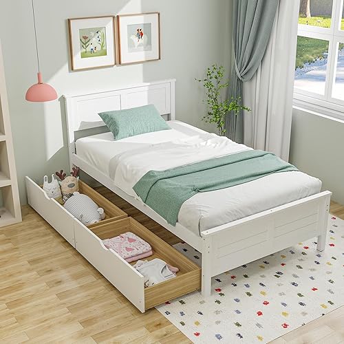 Giantex Wood Twin Bed with 2 Storage Drawers, Solid Wood Platform Bed with Headboard, Wooden Slats Support Mattress Foundation, No Spring Needed, Twin Bed Frame for Kids, Teens, Adults, White