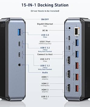 Raycue Triple Monitor USB C Docking Station - MacBook Pro Docking Station with Power Adapter for MacBook M1/M2/M3/Windows, HDMI*3, RJ45, 10Gbps USB*5, PD, USB 3.0 * 2