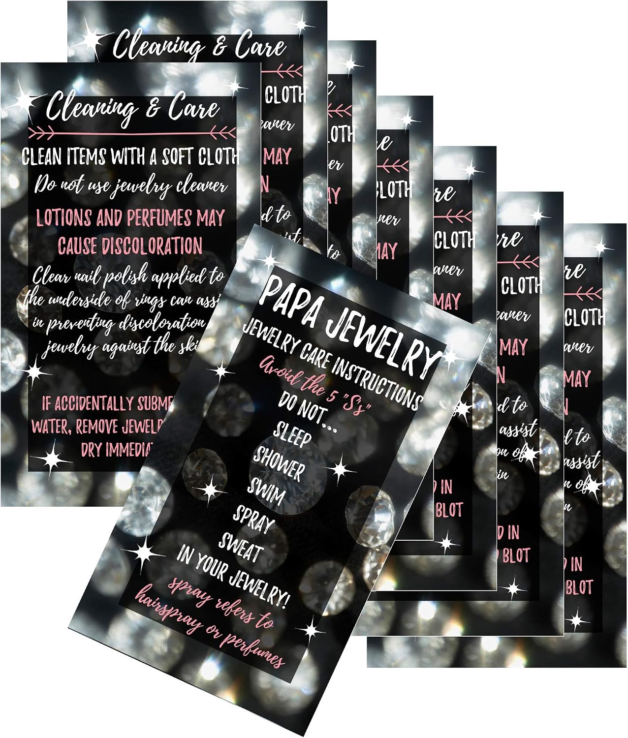 Jewelry Cleaning and Care Cards for Papa | Package of 50 | Bling Silver Diamond with Sparkle | Jewelry Bling Queen Care Instructions Ask Me About my $5 Jewelry