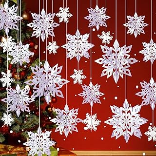 Christmas Hanging Snowflake Decorations, 12Pcs Large 3D Glittery Silver Snowflakes & 12Pcs White Snow Flakes Garland Winter Wonderland Decor, Frozen Birthday Party Friendsgiving Tree Home Ornaments