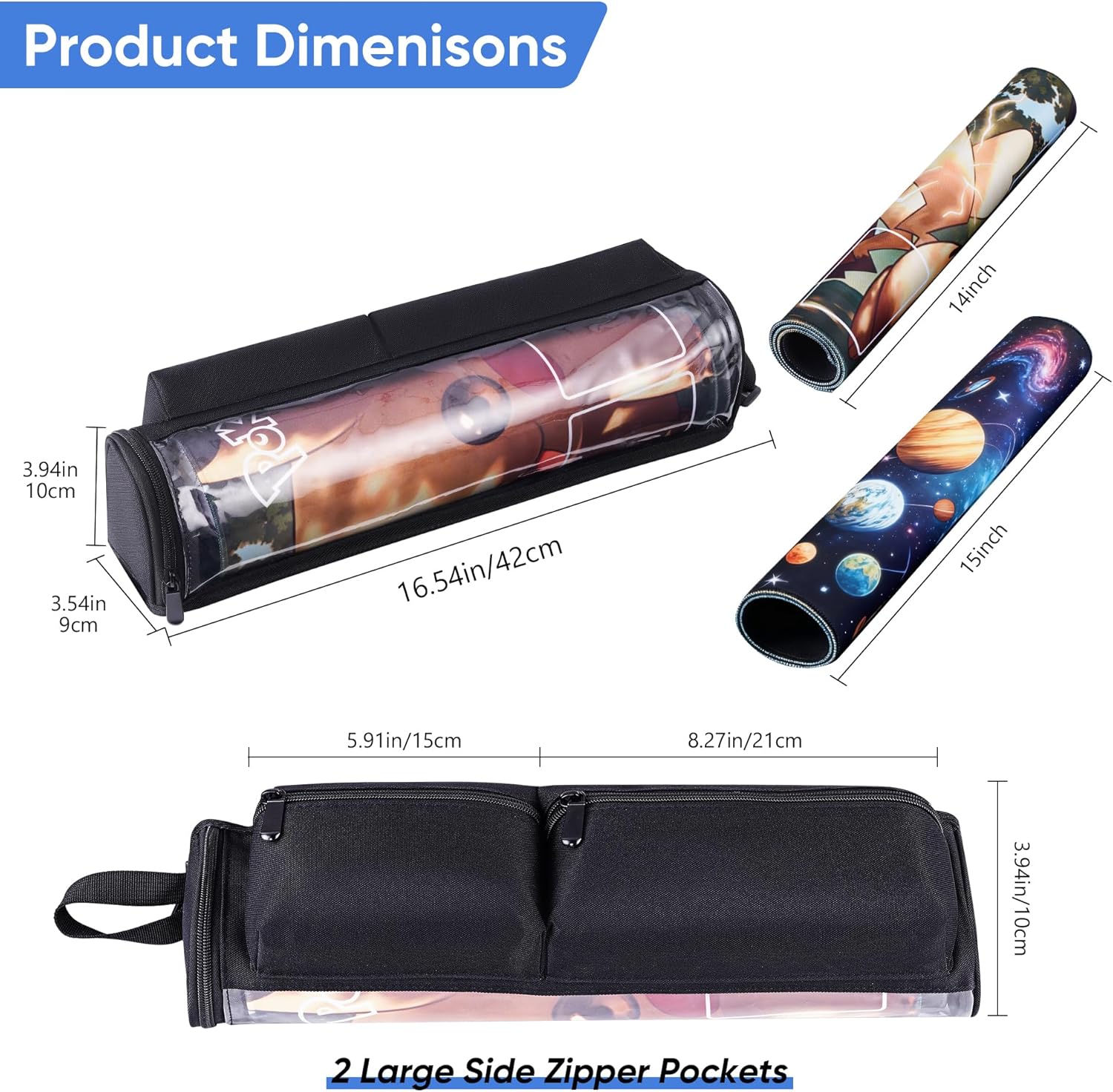 Playmat Tube Fits 14'' or 15'' 1 pcs Playmats, 10 Playmat Holder, Transparent Portable Playmat Tube Storage Bag for Game Mat and Tubes with 2 Mesh Pockets