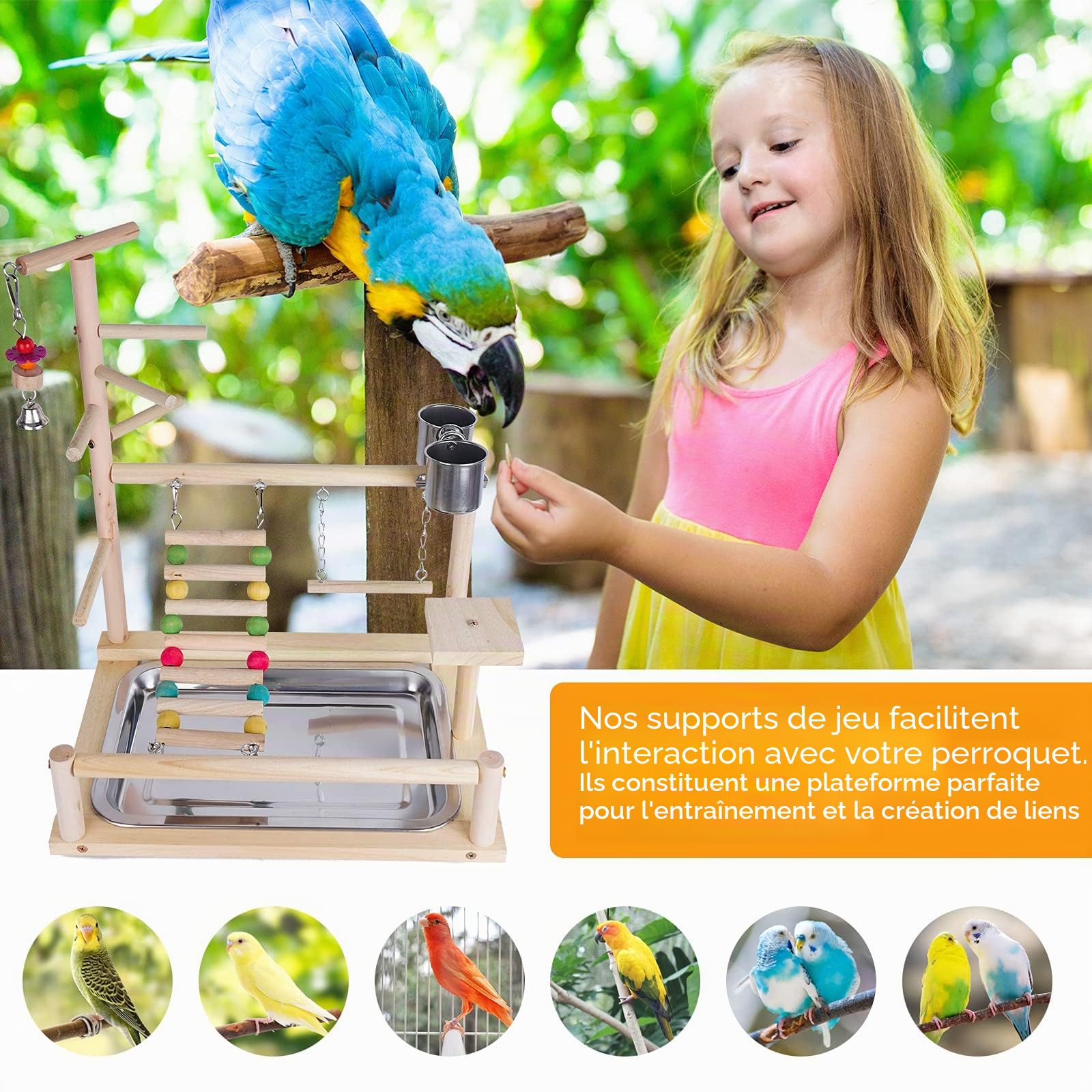 Aire de Jeux pour Perroquets, Jouets Oiseaux en Bois avec Mangeoire, Balancer, Jouet à Mâcher, Support de Jeu pour Perroquet pour Calopsittes, Conures, Perruches, Pinsons