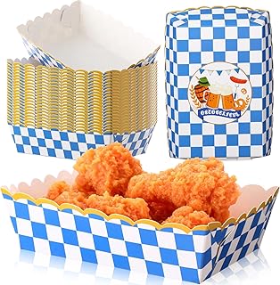 Dunzoom 50 Pack Oktoberfest Paper Plates Food Trays Blue and White Checkered Polka Dot Plates Disposable Food Boats for Snacks Nachos Hot Dog German Carnival Bridal Baby Shower Picnic Party Decor