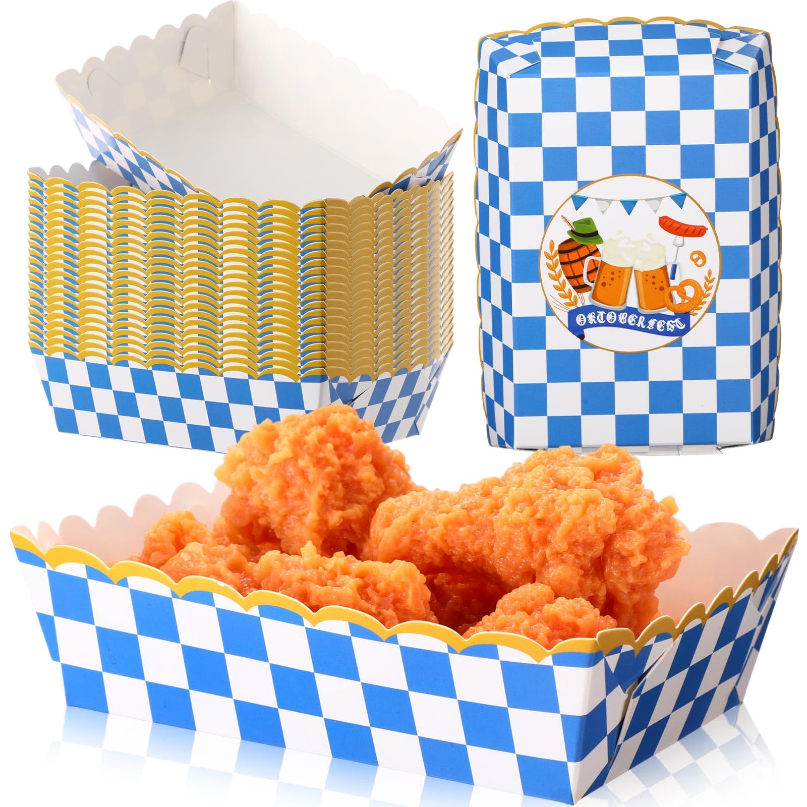 Plateaux jetables papier Oktoberfest Dunzoom bleu blanc pour pique-nique et nacho
