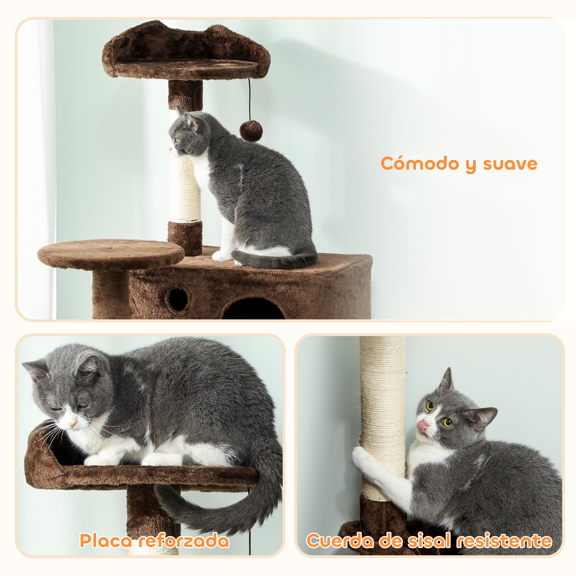 PawHut Arbre à Chat griffoir avec Tour d'escalade 180 cm Marron | Arbre à chat, plateformes multiples, lit, 2 grottes, hamac, échelle, poteaux en sisal, balles de jeu