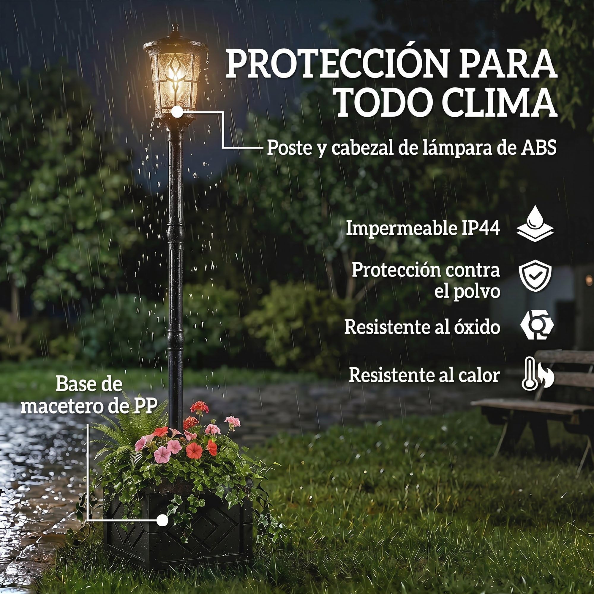 Outsunny Farola Solar Exterior de Jardín con Macetero 41,5x41,5x202,5 cm | Luz Solar de Exterior LED, 2 Modos de Brillo 100/50 lm, Impermeable IP44, Encendido/Apagado Automático, para Terraza, Patio