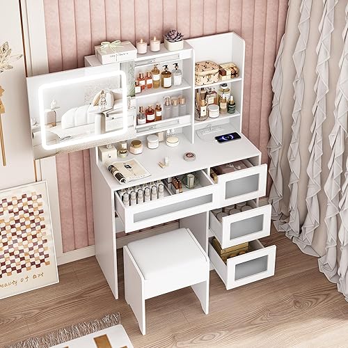 Miniatura 3 de Escritorio de tocador de maquillaje con espejo deslizante y luces, 4 cajones y estación de carga, luz LED, mesa de tocador con brillo ajustable y 3
