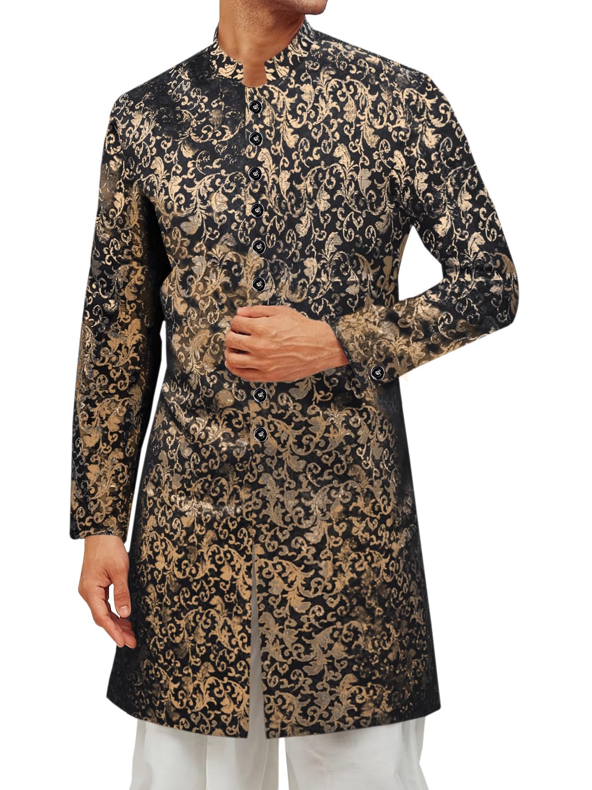 Runcati Mens Kurta Sherwani Coats Shiny Stiff Indian Wedding Kaftan Mandarin Collar Attire Ethnic Outfits Costume Jackets