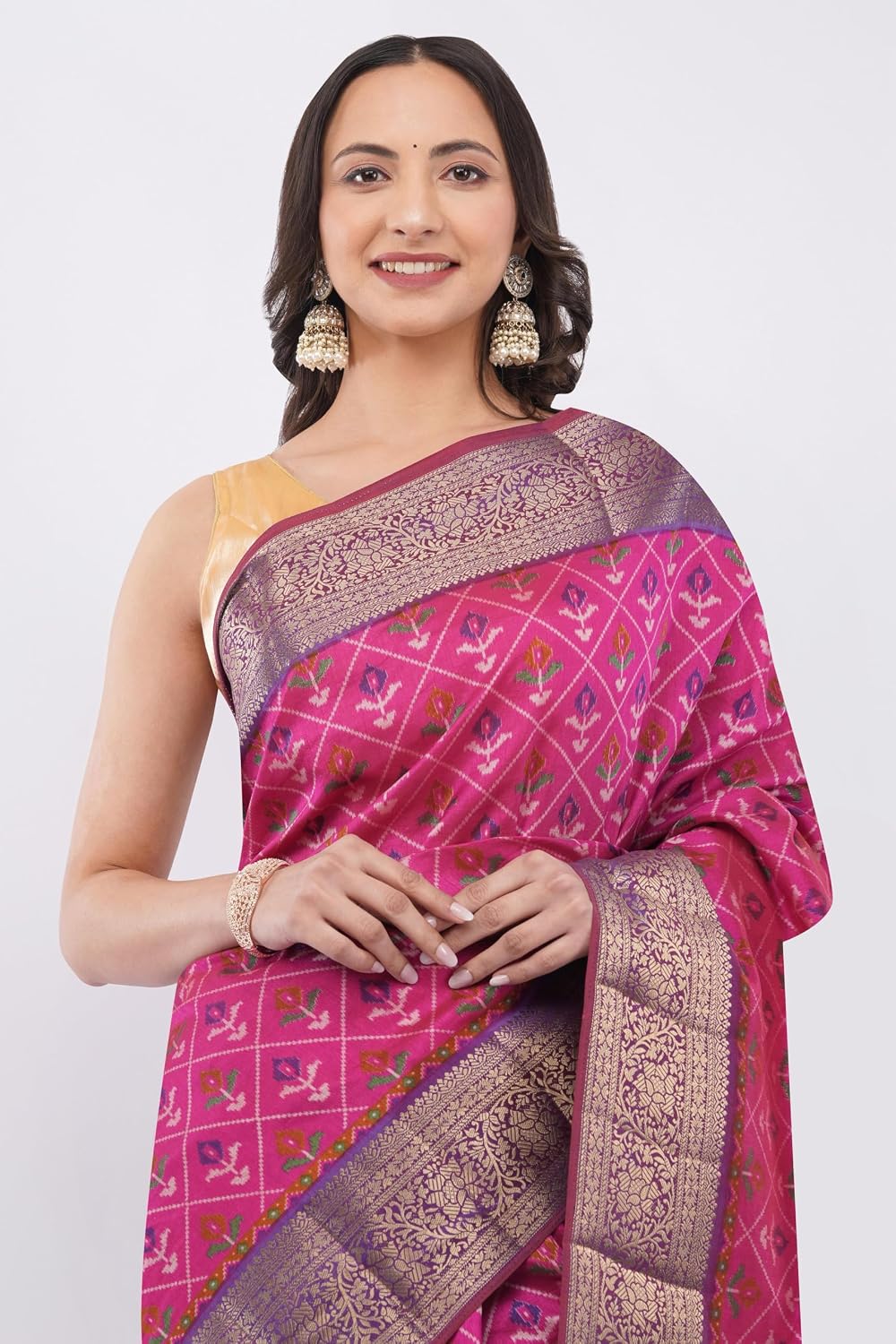 Women’s Patola Silk Saree with Floral Jaal Design & Zari Work | Luxury Traditional Ethnic Saree for Festive & Wedding Wear Yellow
