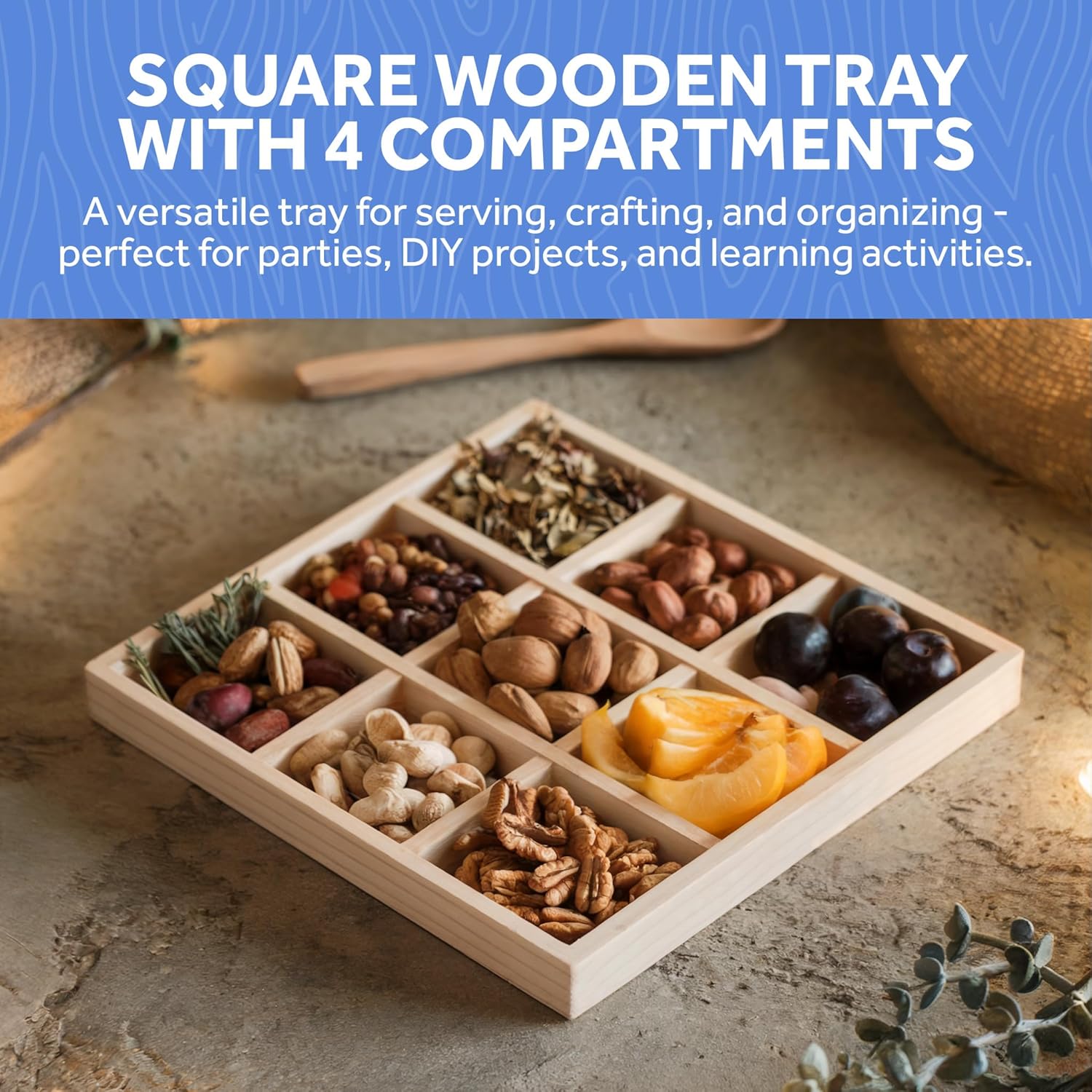 DIY Square Wooden Divided Serving Tray 12 x 12-inch, Pack of 1 9-Section Candy Tray for Vegetable & Fruit Party Platters, by Woodpeckers