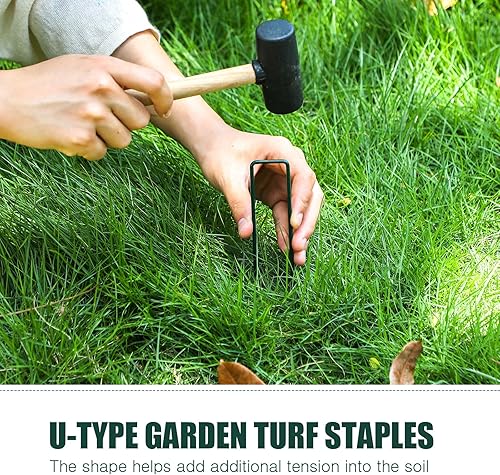 Miniatura 4 de Therwen 100 estacas de jardín verdes de 6 pulgadas galvanizadas, grapas de jardín resistentes, pasadores de paisaje, estacas de césped artificial,
