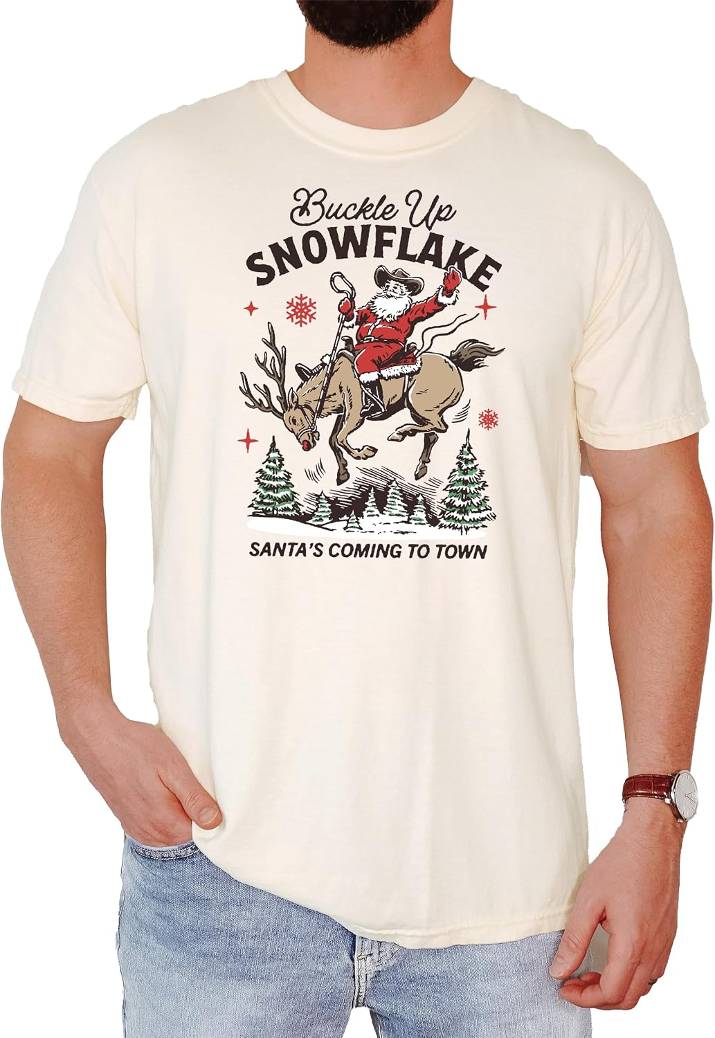 Buckle Up Snowflake Santa's Coming to Town Unisex Shirt Western Christmas Tee for Men & Women