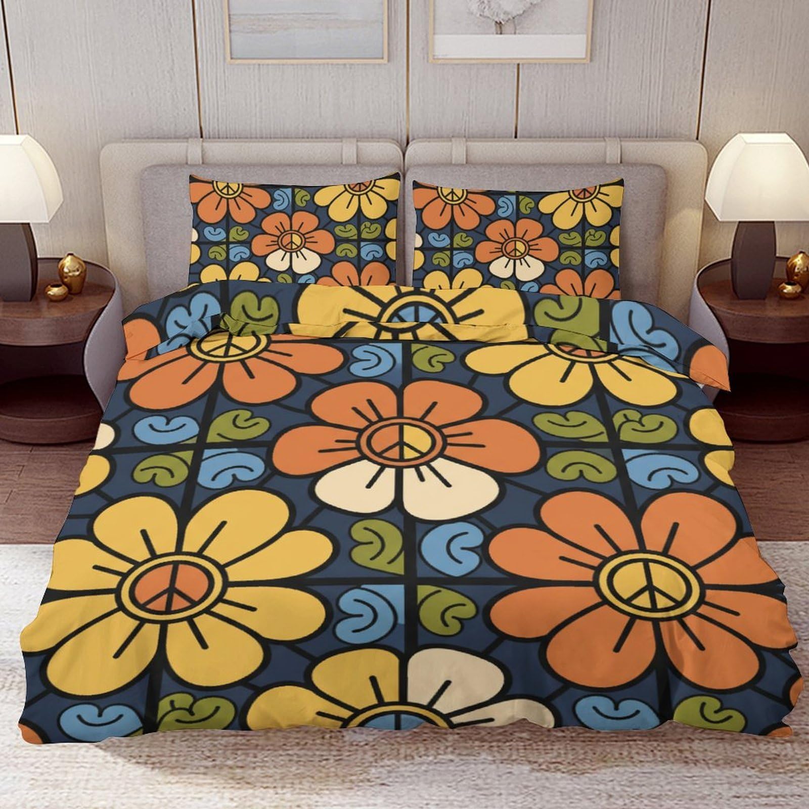 Delerain Comforter Cover Set Twin Size, Retro 70s Hippie Peace Sign 3-Piece Bedding Set for Boys Girls Teens Modern Soft Microfiber Bedroom Set Room Decor, 1 Duvet Cover + 2 Pillowcases