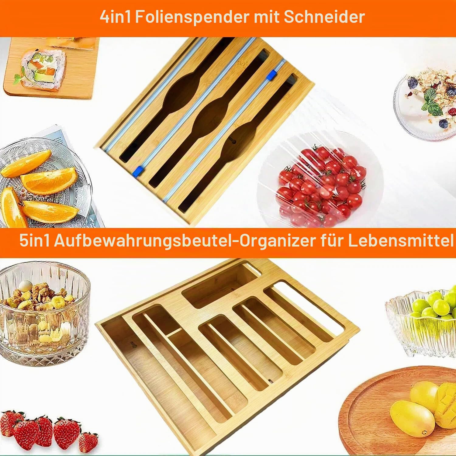 Bambus-Folien- und Frischhaltefolien-Organizer mit Schneider, Ziplock-Beutel-Organizer mit Schneider für Küchenschublade, Spender kompatibel mit Gallonen-, Quart-, Sandwich-, Snack-Beuteln in