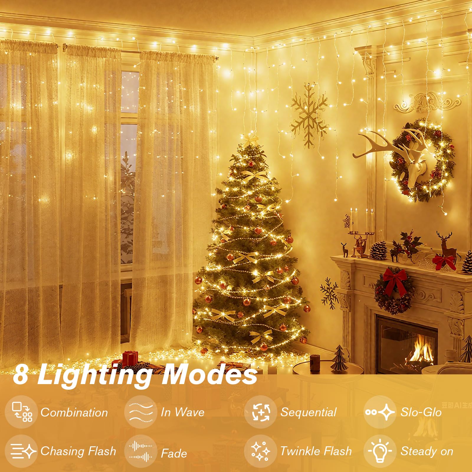 Rideau Lumineux Noel Exterieur, 15M 594 LED Guirlande Lumineuse vec 8 Modes, IP44 étanche pour Fenêtre, Balcon, Jardin, Toit, Blanc Chaud