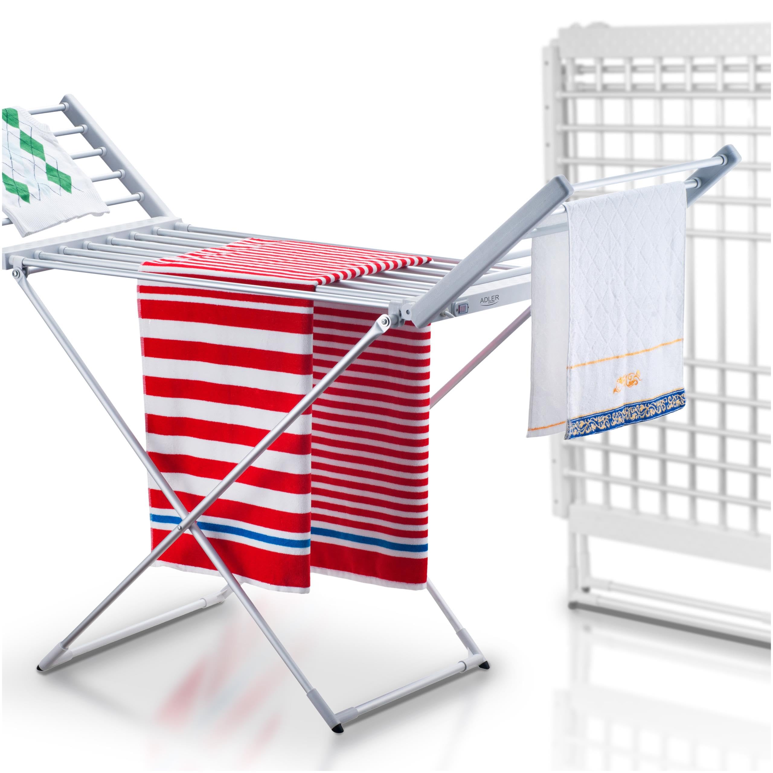 Tendedero eléctrico Tendedero con 18 varillas calefactoras, tendedero calefactable de 220 W, 148 x 52,5 x 90 cm, reduce el tiempo de secado, IP22, plata y blanco