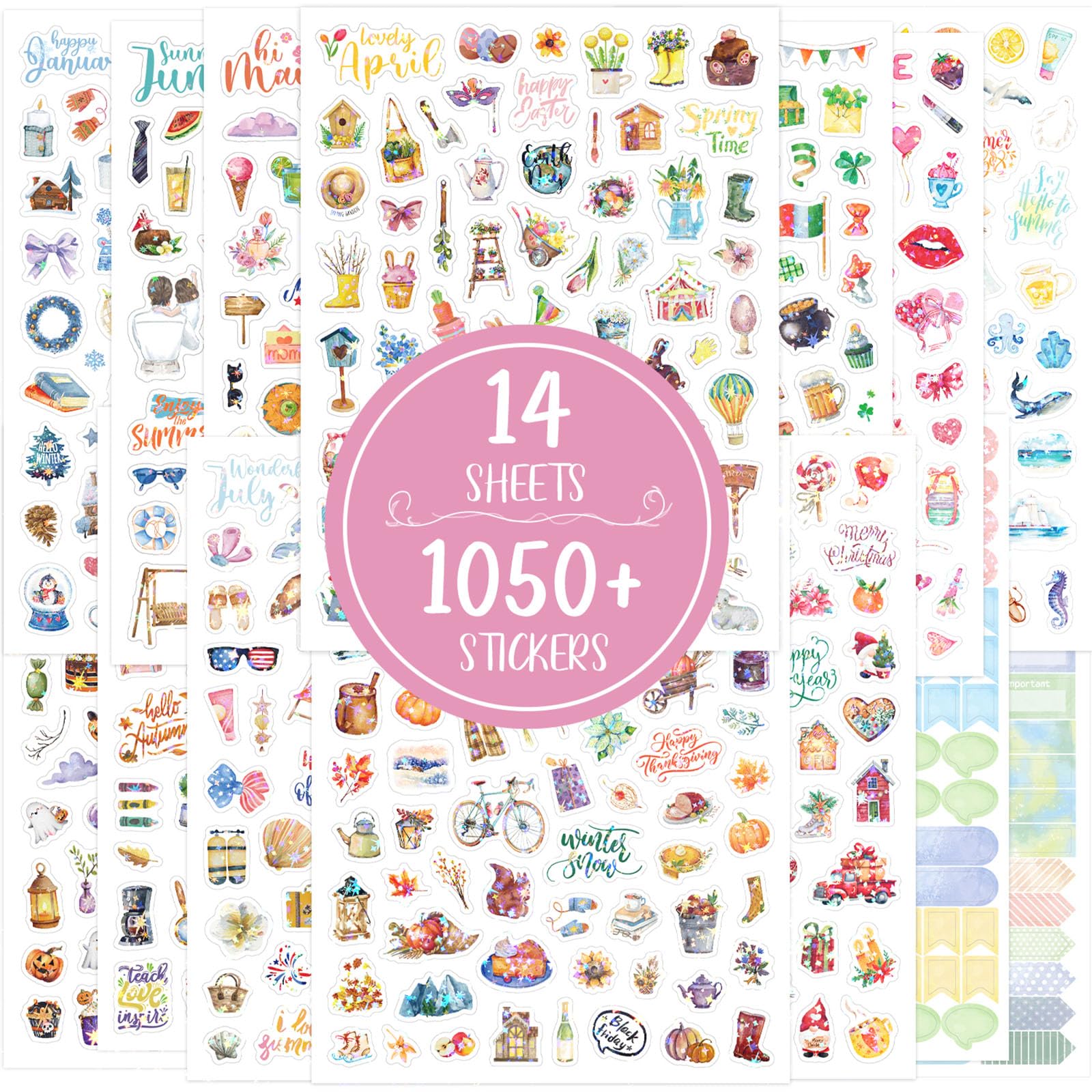 1050Pcs+ Seasonal Planner Stickers Holiday Planner Scrapbook Stickers for Planners Adults Multicolor Waterproof Scrapbook Sticker for Scrapbooking Journaling DIY Crafts Daily Life Party Supplies