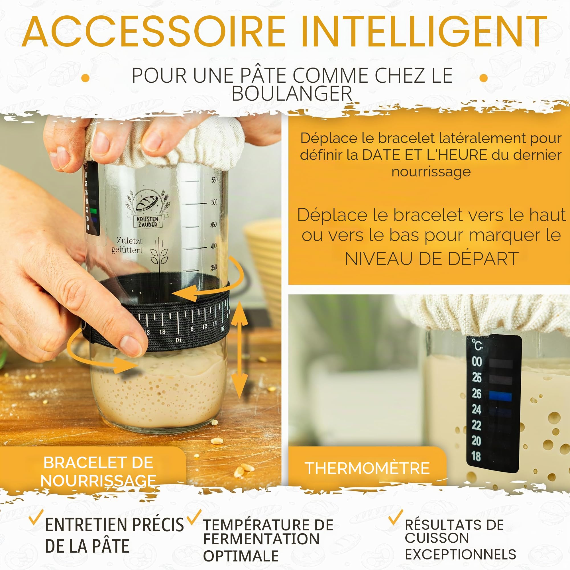 KRUSTENZAUBER Kit de démarrage de levain - Pot de fermentation 600 ml avec spatule et thermomètre - Accessoires pour cuisson du pain, verre de levain, fermentation, kit de démarrage de levain
