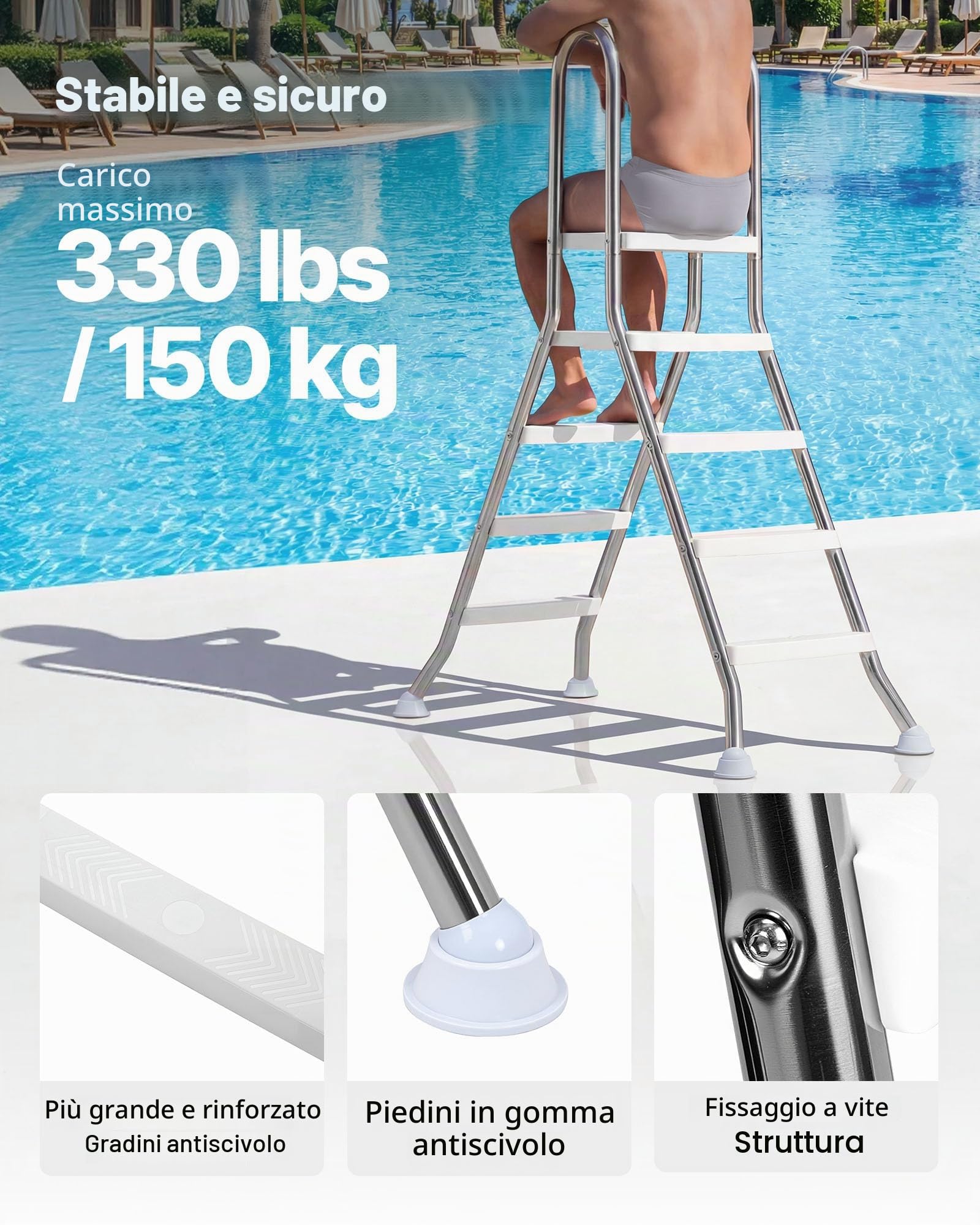 VEVOR Scaletta per Piscine Fuori Terra con Piattaforma, Scala di Sicurezza a 4 Gradini con Struttura ad A Stabile, Altezza 125 cm, Telaio in Acciaio Durevole, Gradini Larghi Antiscivolo, Portata 150kg