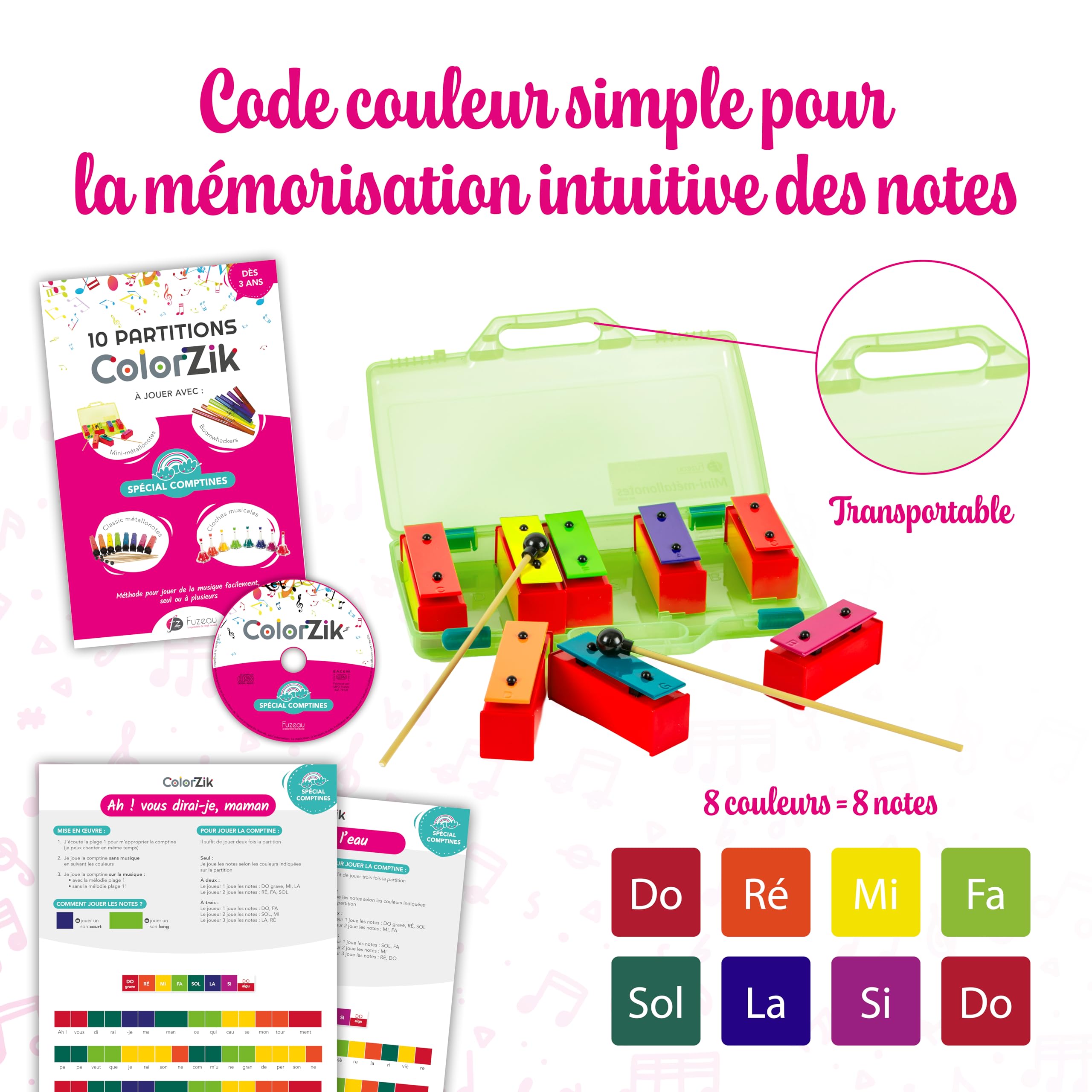 Fuzeau - Coffret ColorZik Comptines Avec Mini Métallonotes 8 Lames, Livre, CD, 10 Partitions XXL - Méthode Musicale Ludique Sans Solfège Pour Débutants - Jeu Éducatif Enfant Dès 3 Ans - Réf. 78233