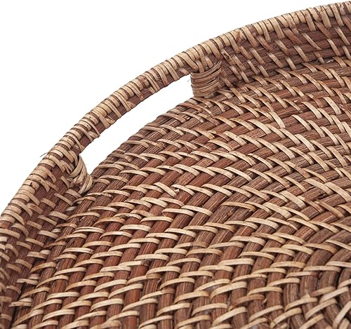 Miniatura 4 de Bandeja redonda tejida de ratán con asas, bandeja otomana para desayuno, bebidas, aperitivos para mesa de café, decoración del hogar (marrón miel,