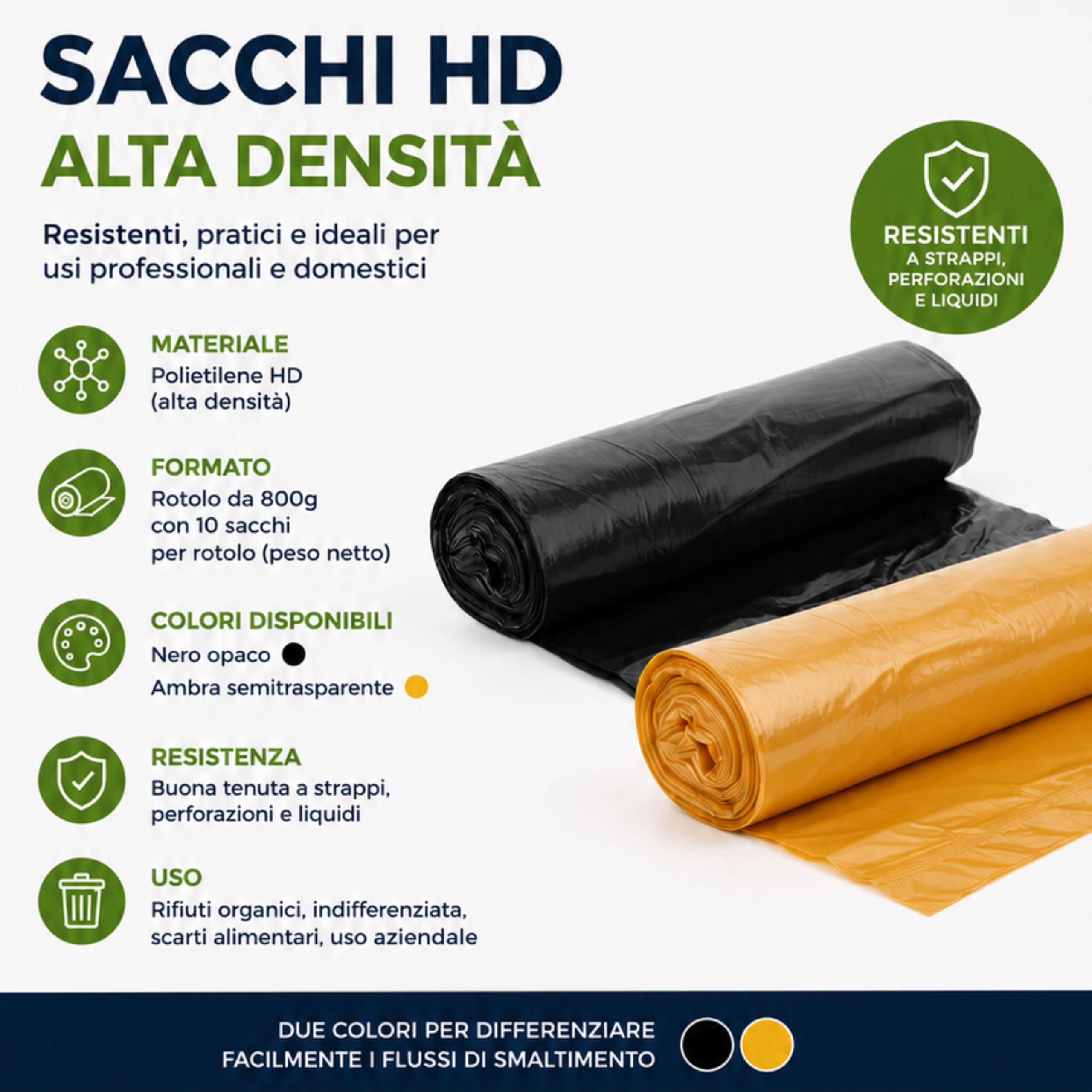 Sacchi spazzatura industriali HD, 10 sacchi per rotolo 800 g, materiale polietilene, colore ambra, dimensioni 70x110 cm, sacchetti immondizia resistenti, confezione da 20 rotoli
