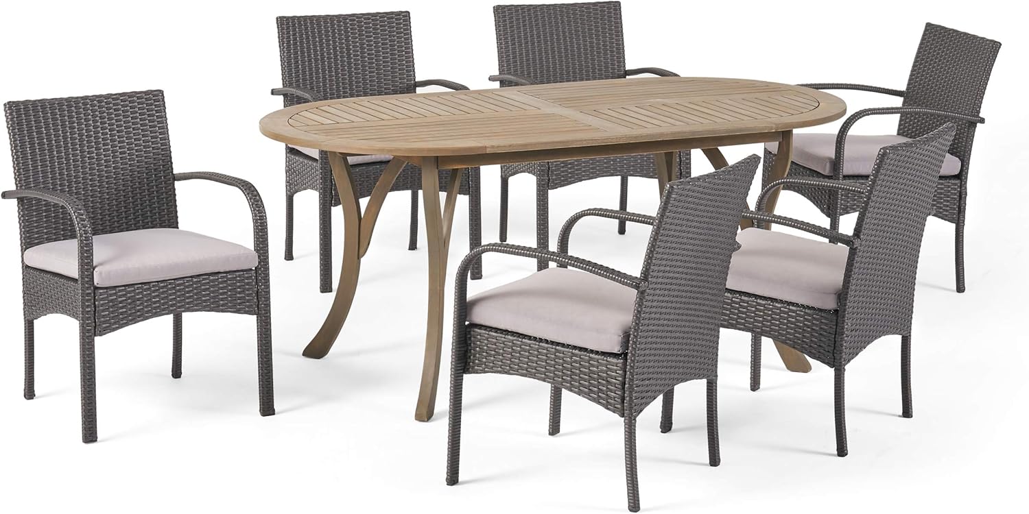 Christopher Knight Home Isla Outdoor 7 Piece Wood and Wicker Dining Set, Gray Finish/Gray/Gray